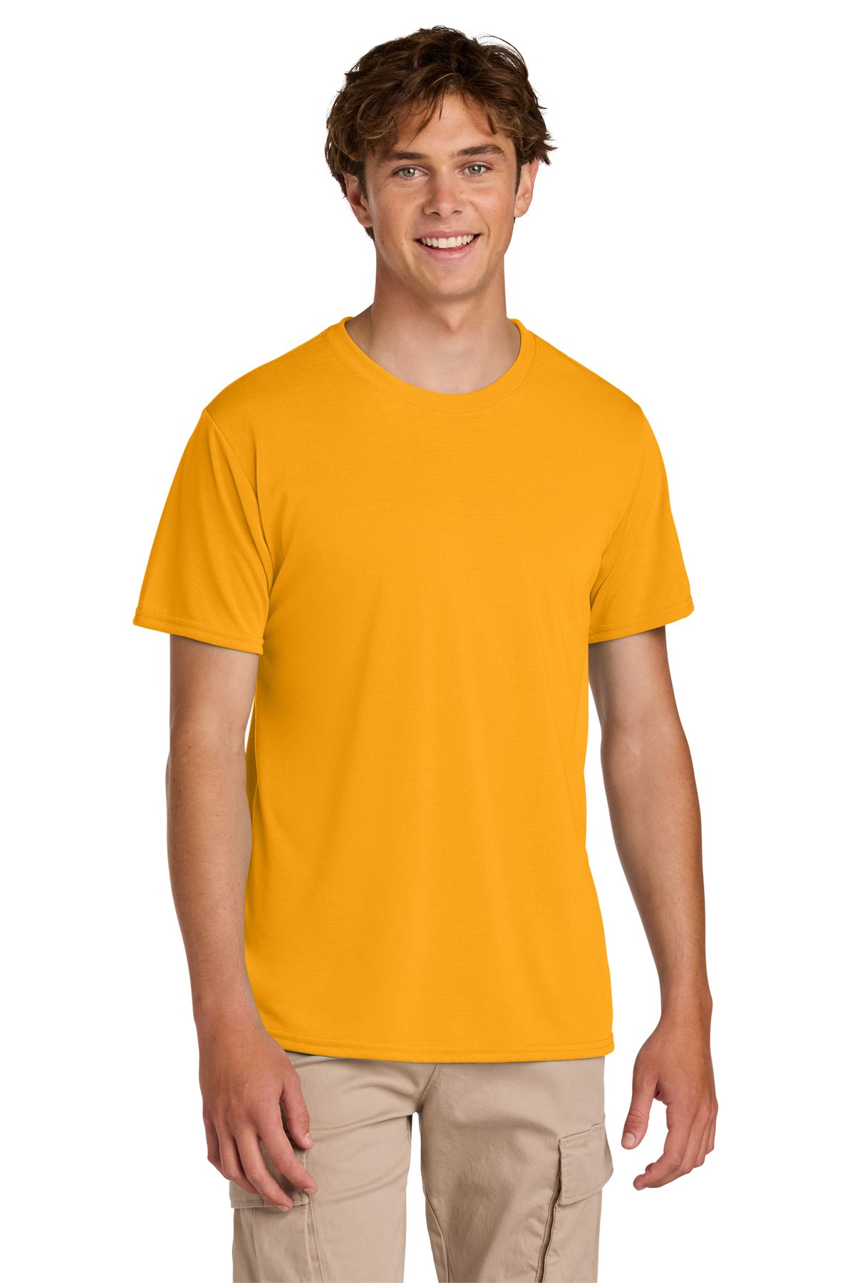 Custom Gold Gildan Performance Tee 42000, personalized by SanCanDo Swag in Argyle, TX