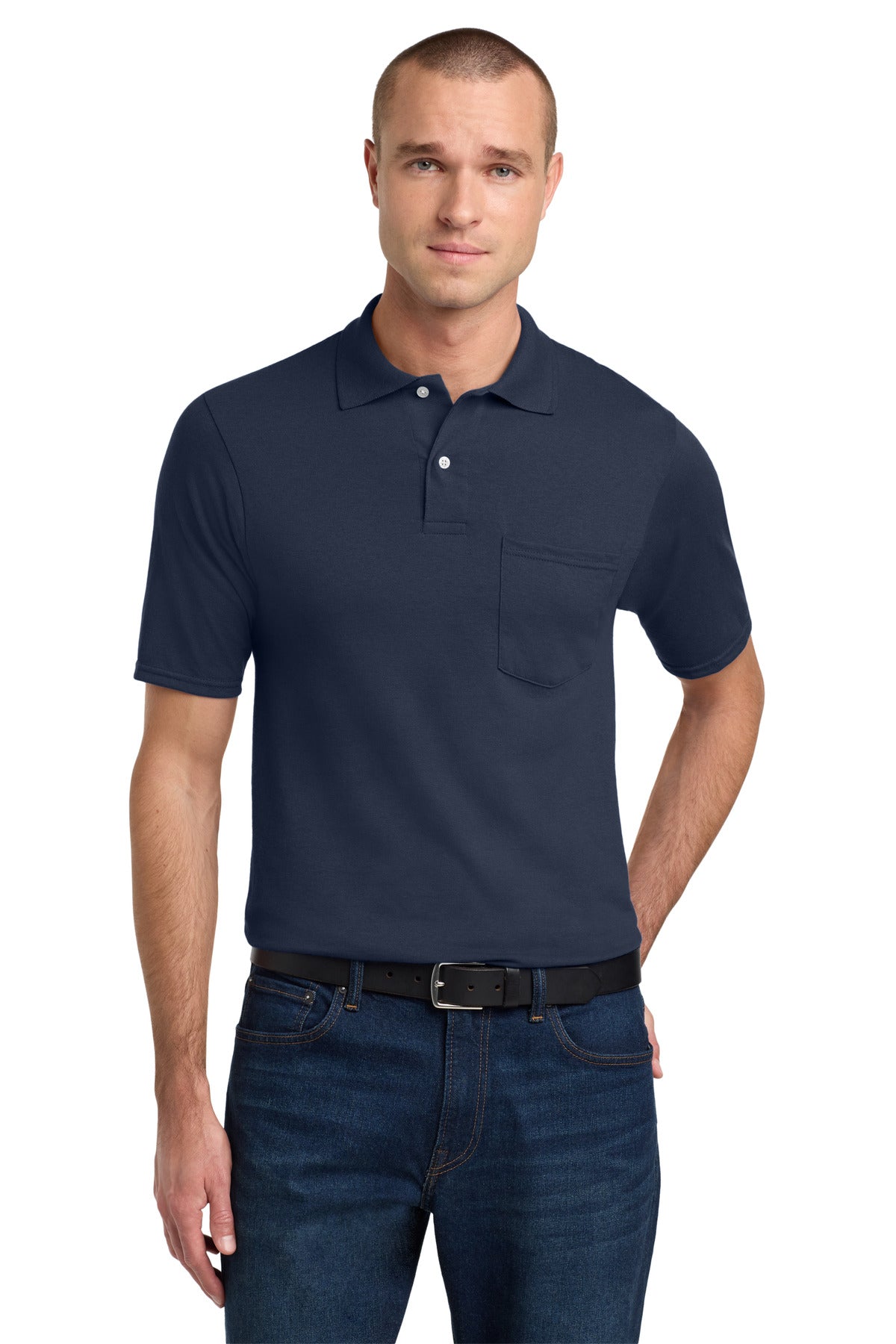 Custom J. Navy Dri-Power Pocket Sport Shirt 436MP, personalized by SanCanDo Swag in Argyle, TX