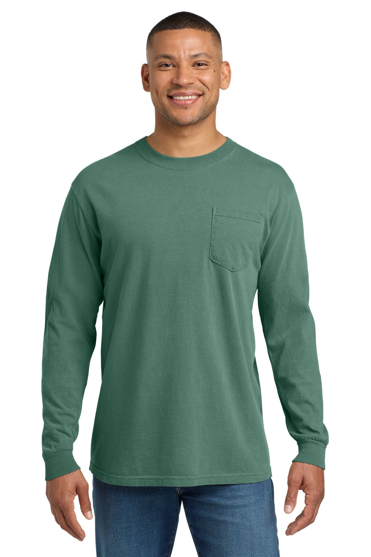 Custom Light Green Ring Spun Long Sleeve Pocket Tee 4410, personalized by SanCanDo Swag in Argyle, TX
