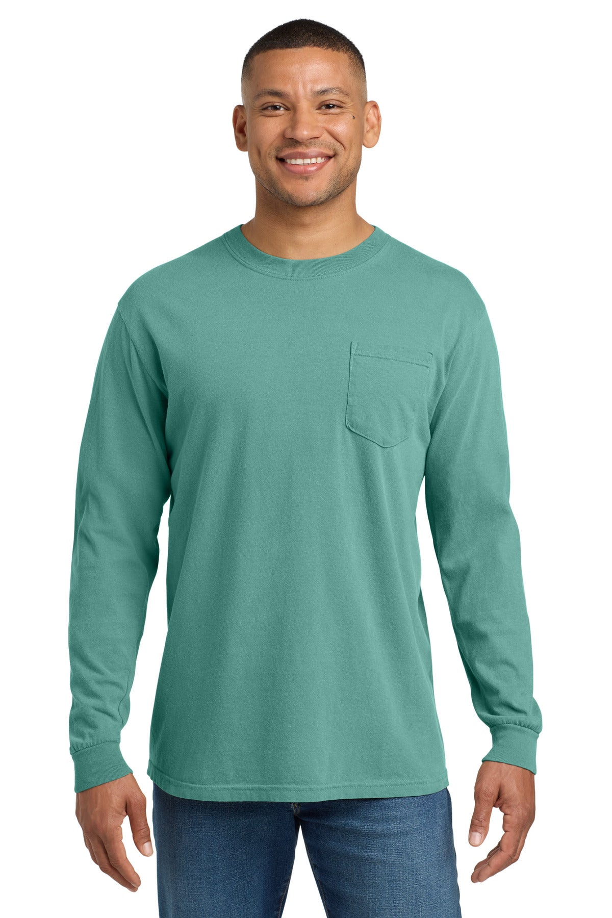 Custom Seafoam Ring Spun Long Sleeve Pocket Tee 4410, personalized by SanCanDo Swag in Argyle, TX