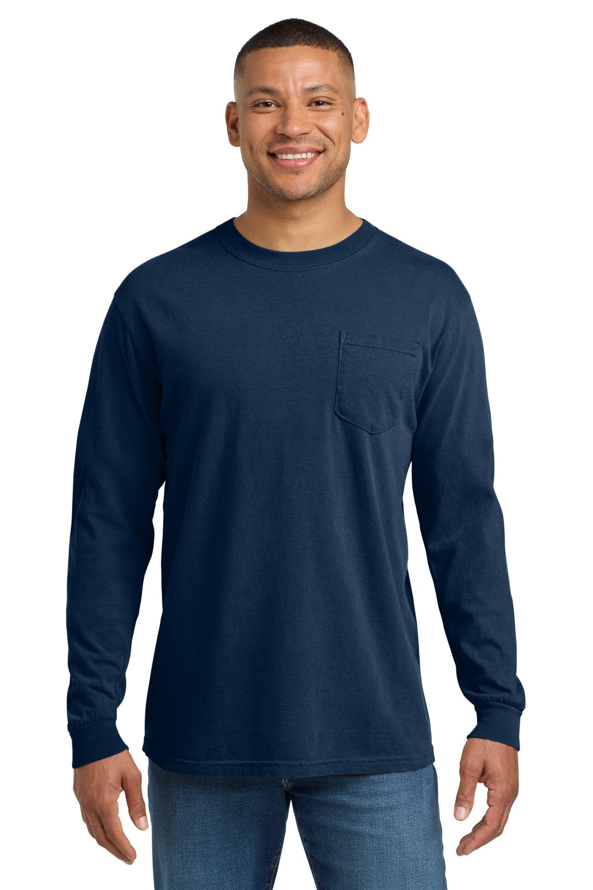 Custom True Navy Ring Spun Long Sleeve Pocket Tee 4410, personalized by SanCanDo Swag in Argyle, TX