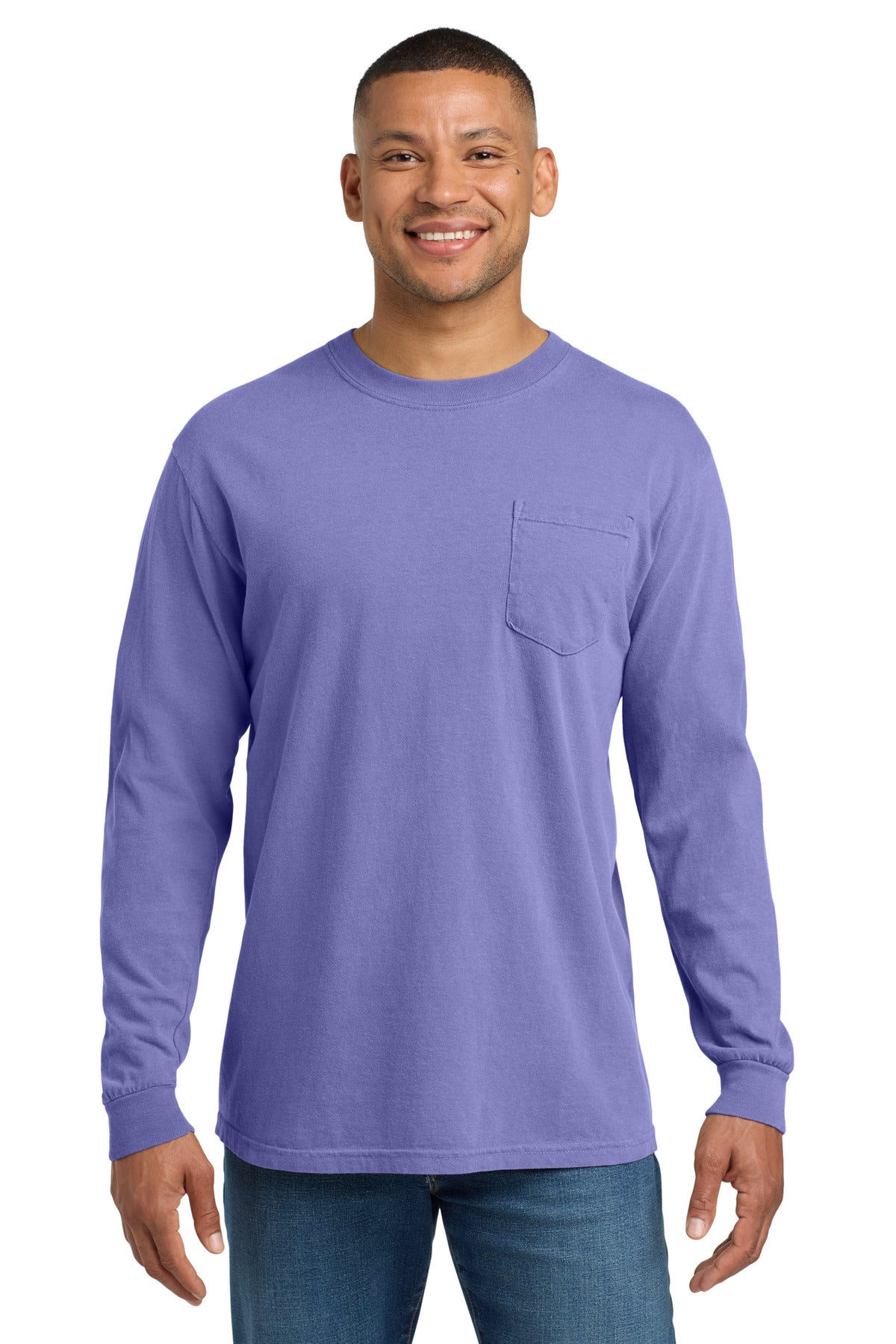 Custom Violet Ring Spun Long Sleeve Pocket Tee 4410, personalized by SanCanDo Swag in Argyle, TX