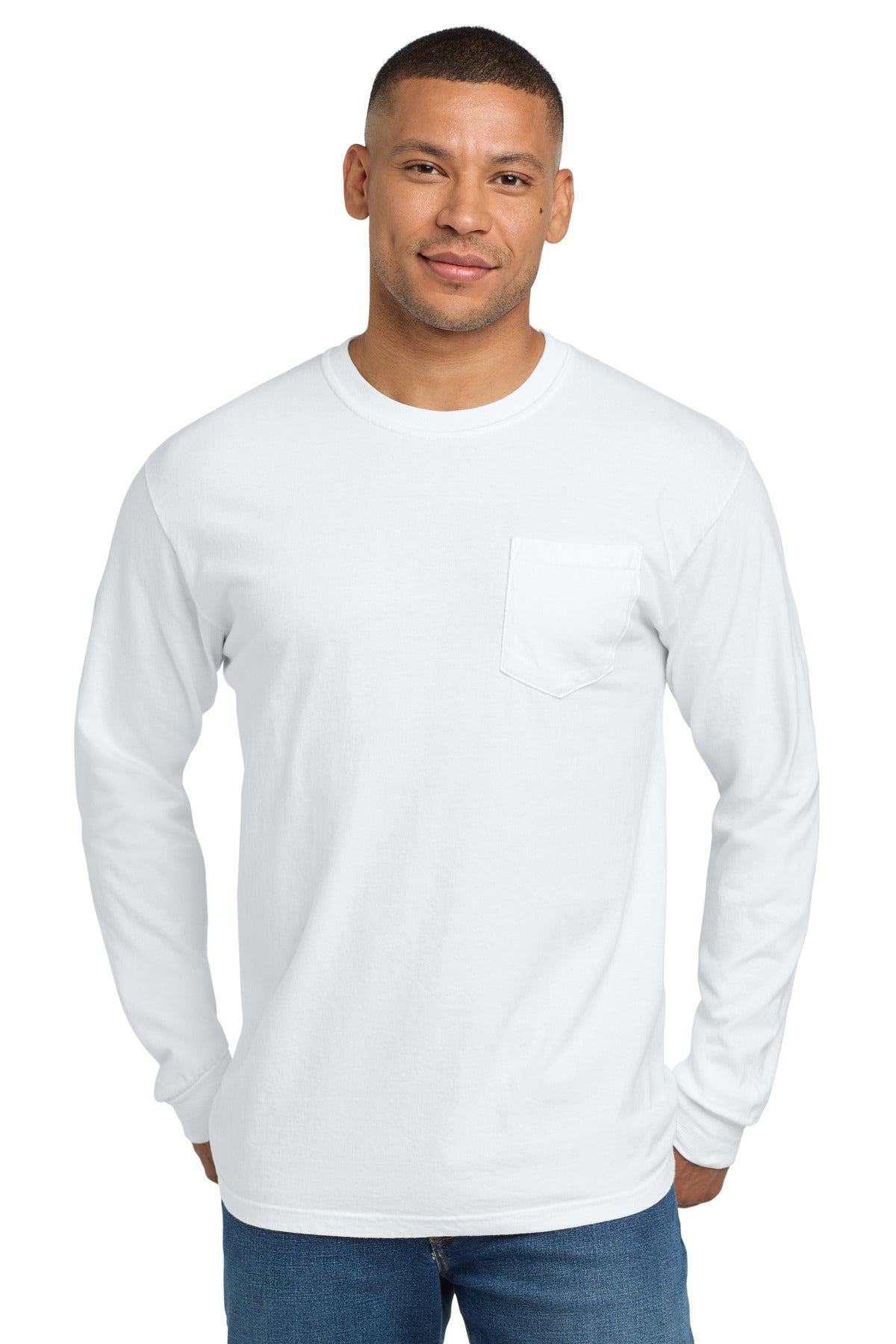 Custom White Ring Spun Long Sleeve Pocket Tee 4410, personalized by SanCanDo Swag in Argyle, TX