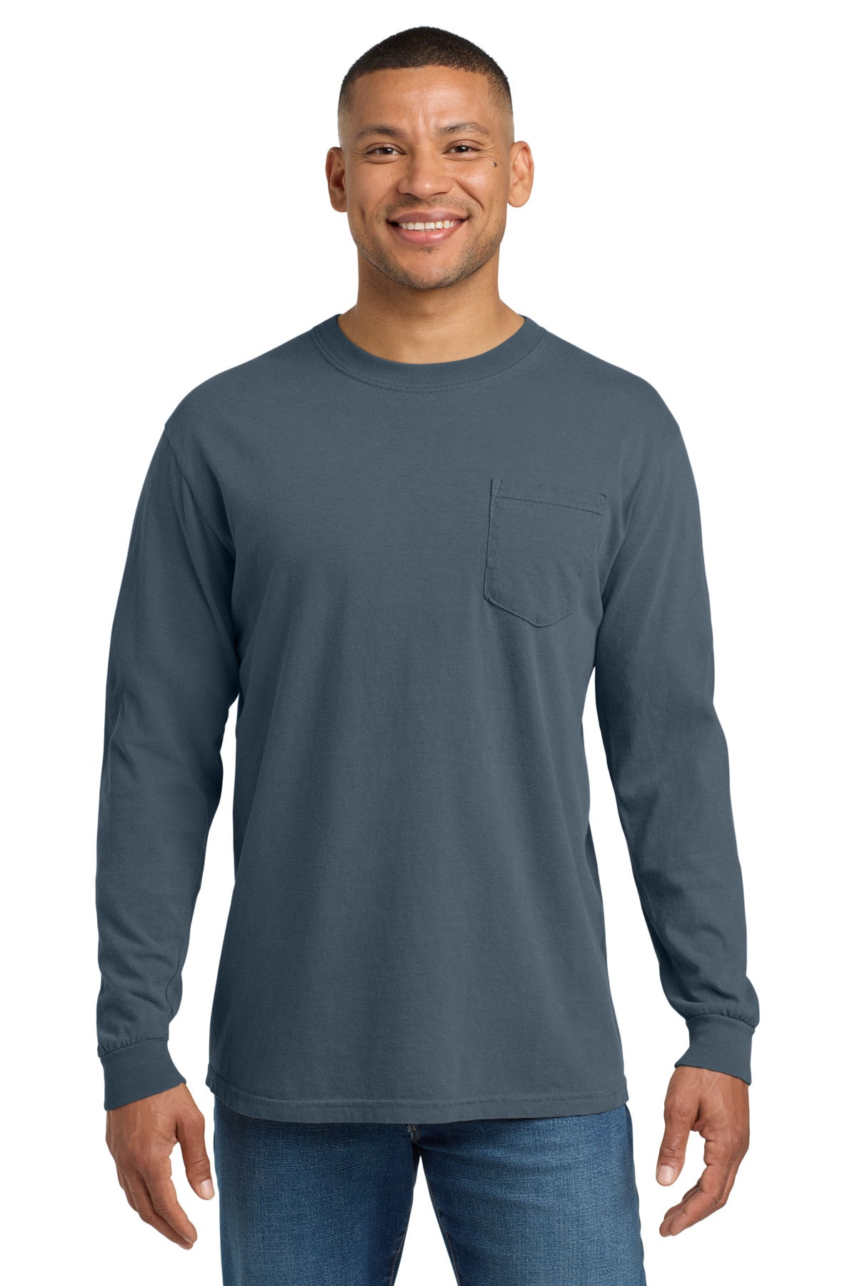 Custom Denim Ring Spun Long Sleeve Pocket Tee 4410, personalized by SanCanDo Swag in Argyle, TX