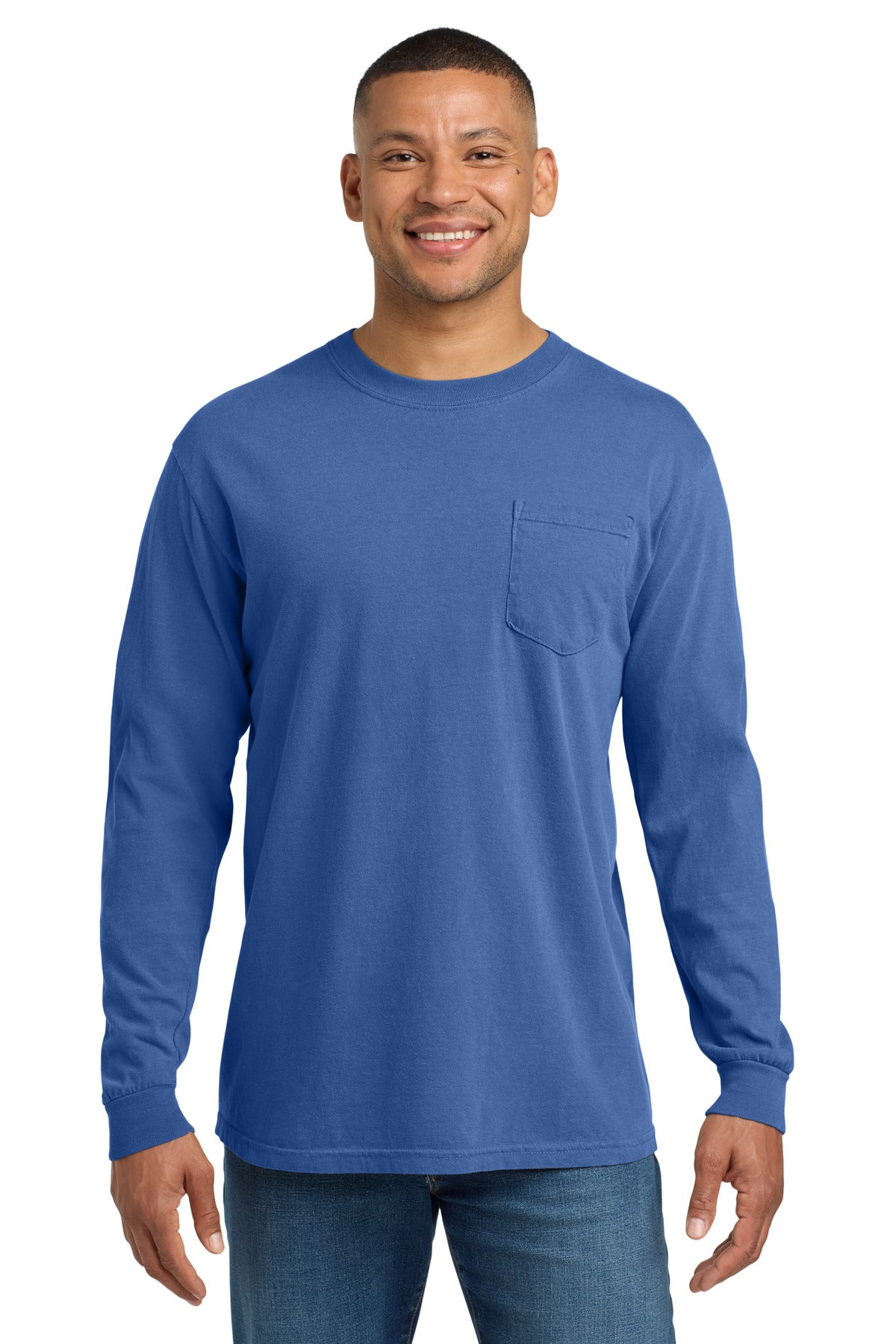 Custom Flo Blue Ring Spun Long Sleeve Pocket Tee 4410, personalized by SanCanDo Swag in Argyle, TX