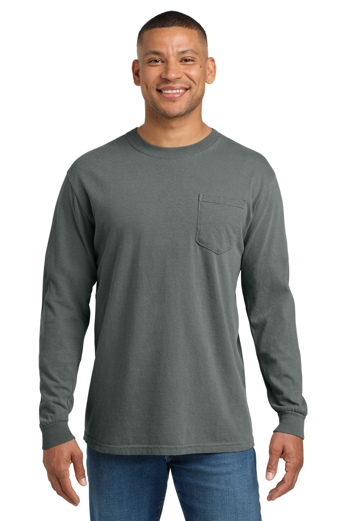 Custom Grey Ring Spun Long Sleeve Pocket Tee 4410, personalized by SanCanDo Swag in Argyle, TX