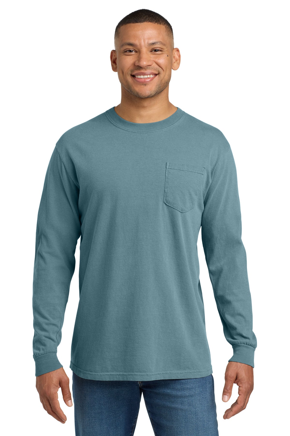 Custom Ice Blue Ring Spun Long Sleeve Pocket Tee 4410, personalized by SanCanDo Swag in Argyle, TX