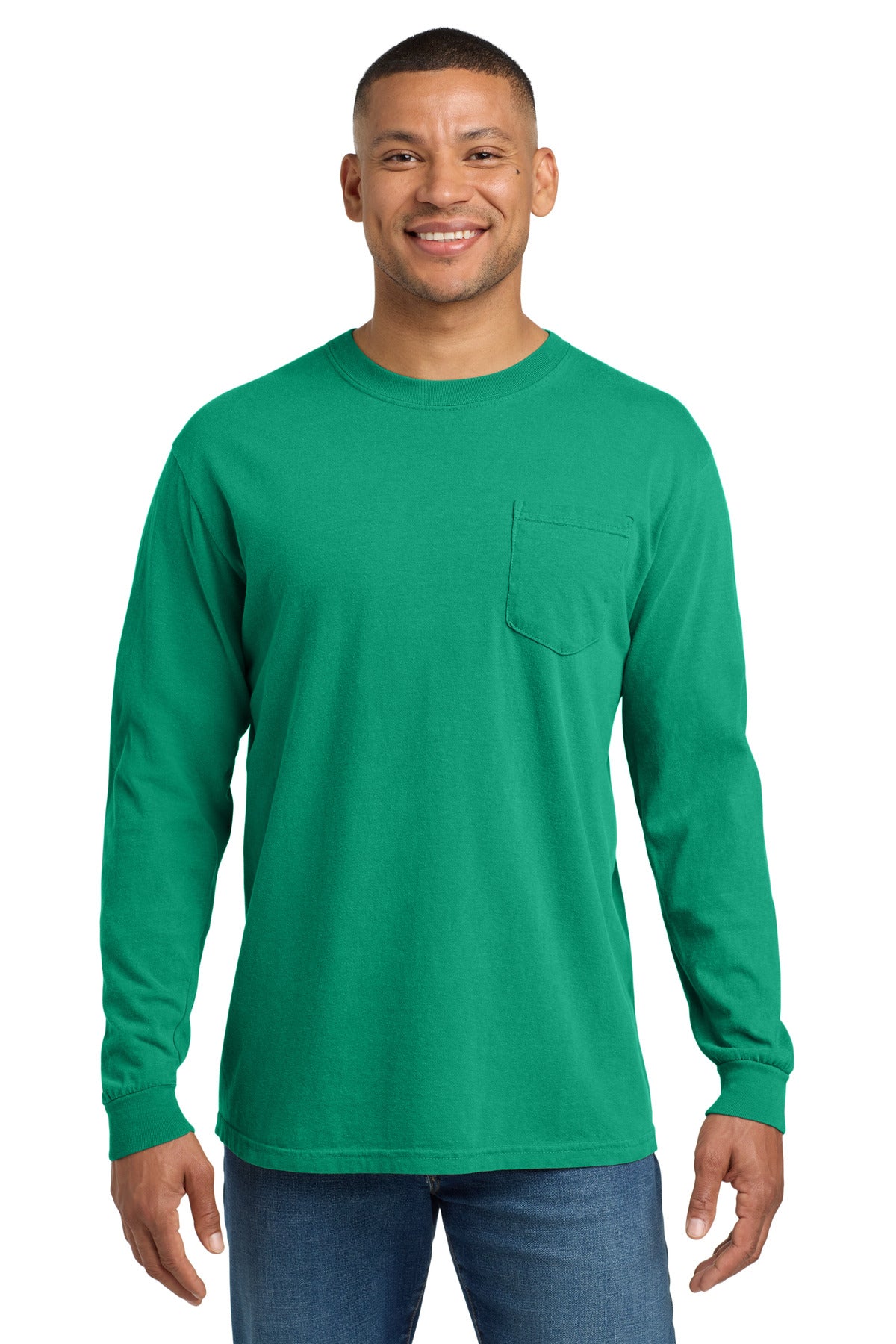 Custom Island Green Ring Spun Long Sleeve Pocket Tee 4410, personalized by SanCanDo Swag in Argyle, TX