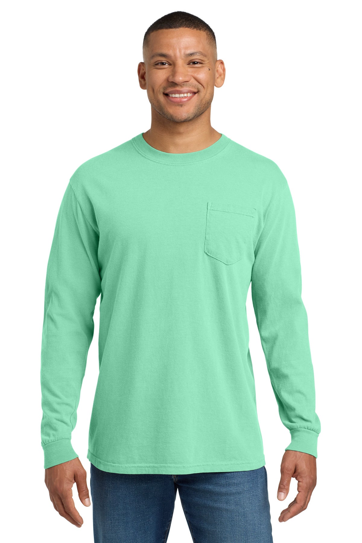 Custom Island Reef Ring Spun Long Sleeve Pocket Tee 4410, personalized by SanCanDo Swag in Argyle, TX