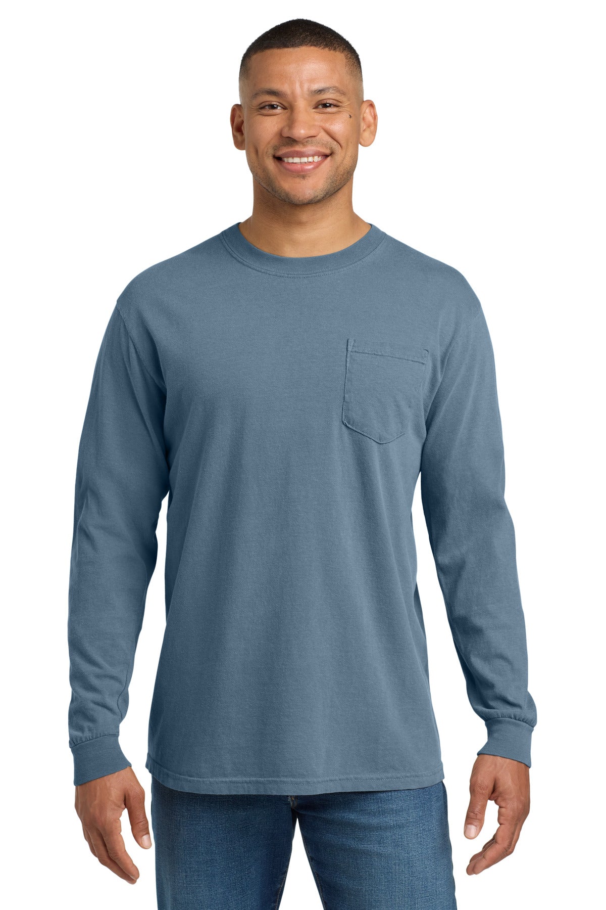 Custom Blue Jean Ring Spun Long Sleeve Pocket Tee 4410, personalized by SanCanDo Swag in Argyle, TX
