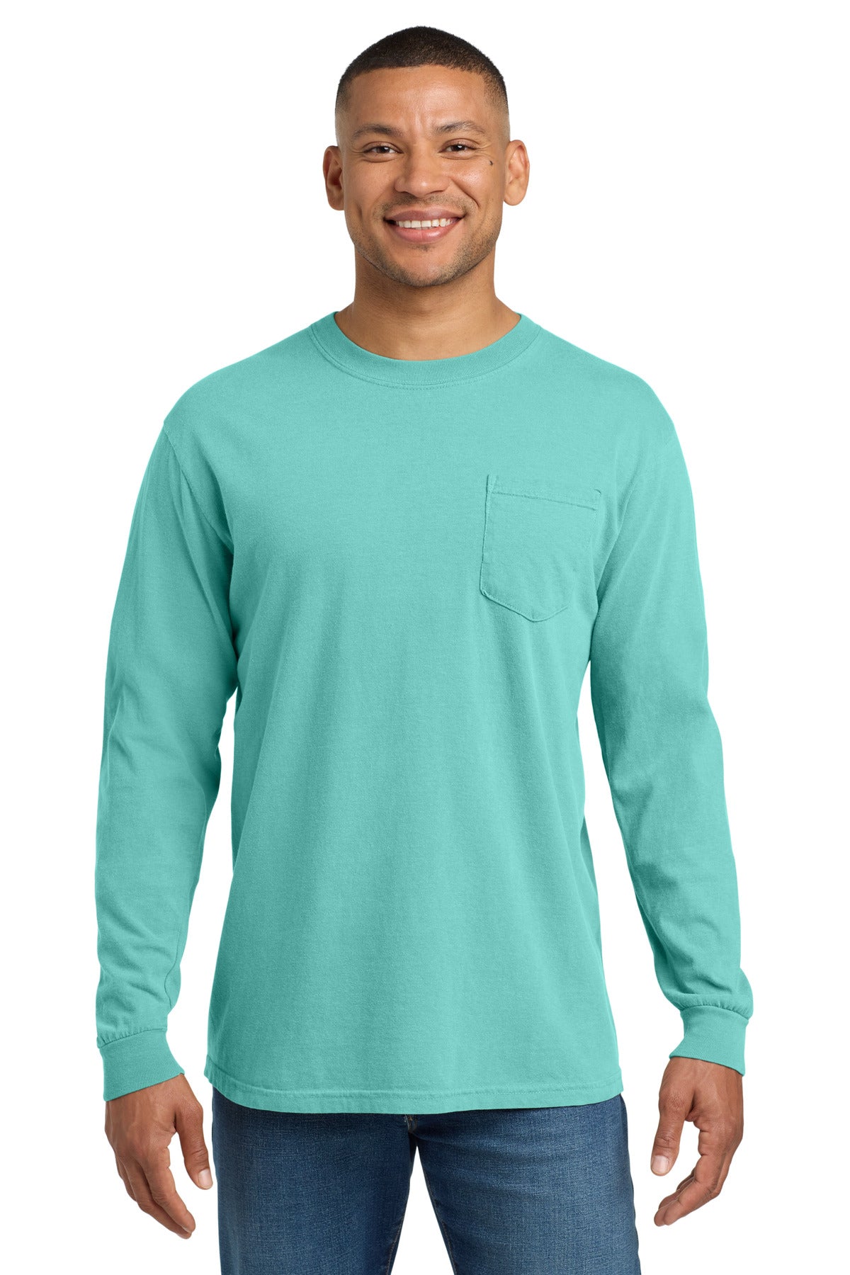 Custom Chalky Mint Ring Spun Long Sleeve Pocket Tee 4410, personalized by SanCanDo Swag in Argyle, TX