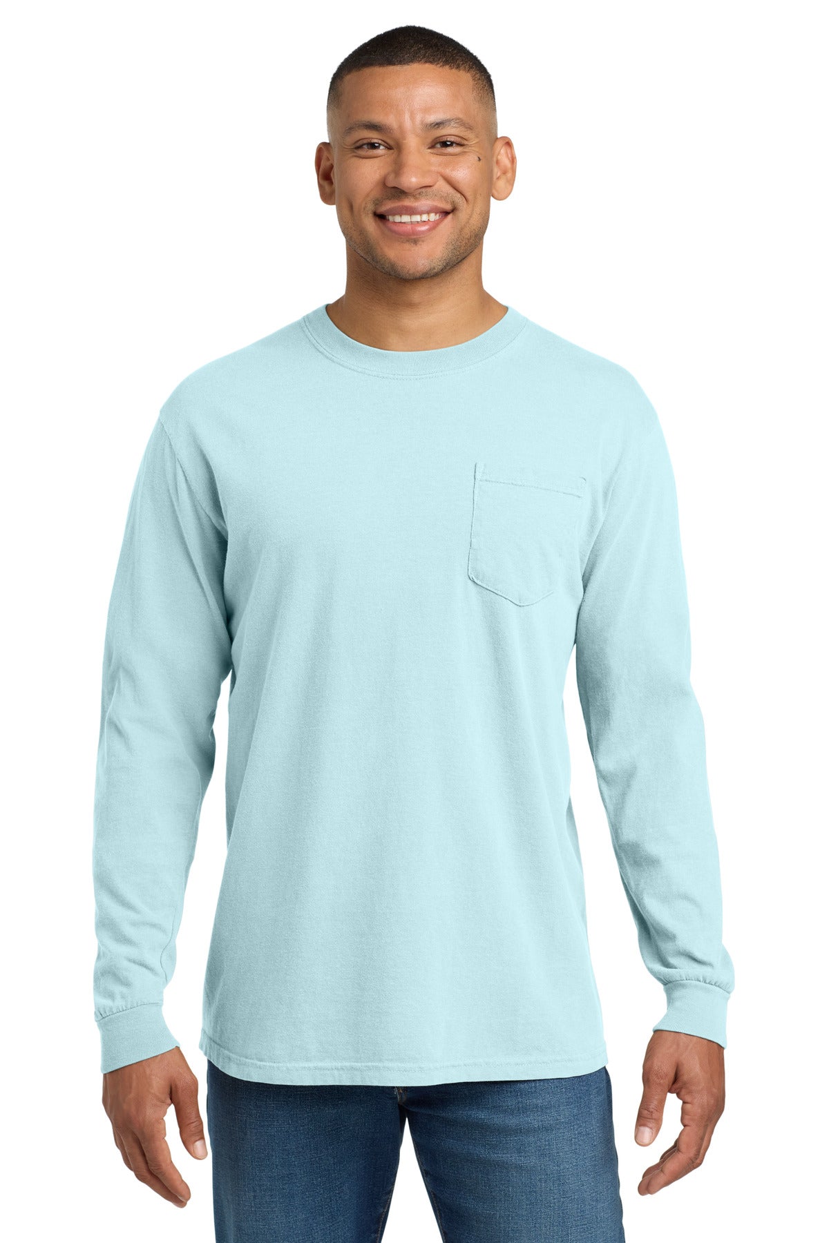 Custom Chambray Ring Spun Long Sleeve Pocket Tee 4410, personalized by SanCanDo Swag in Argyle, TX