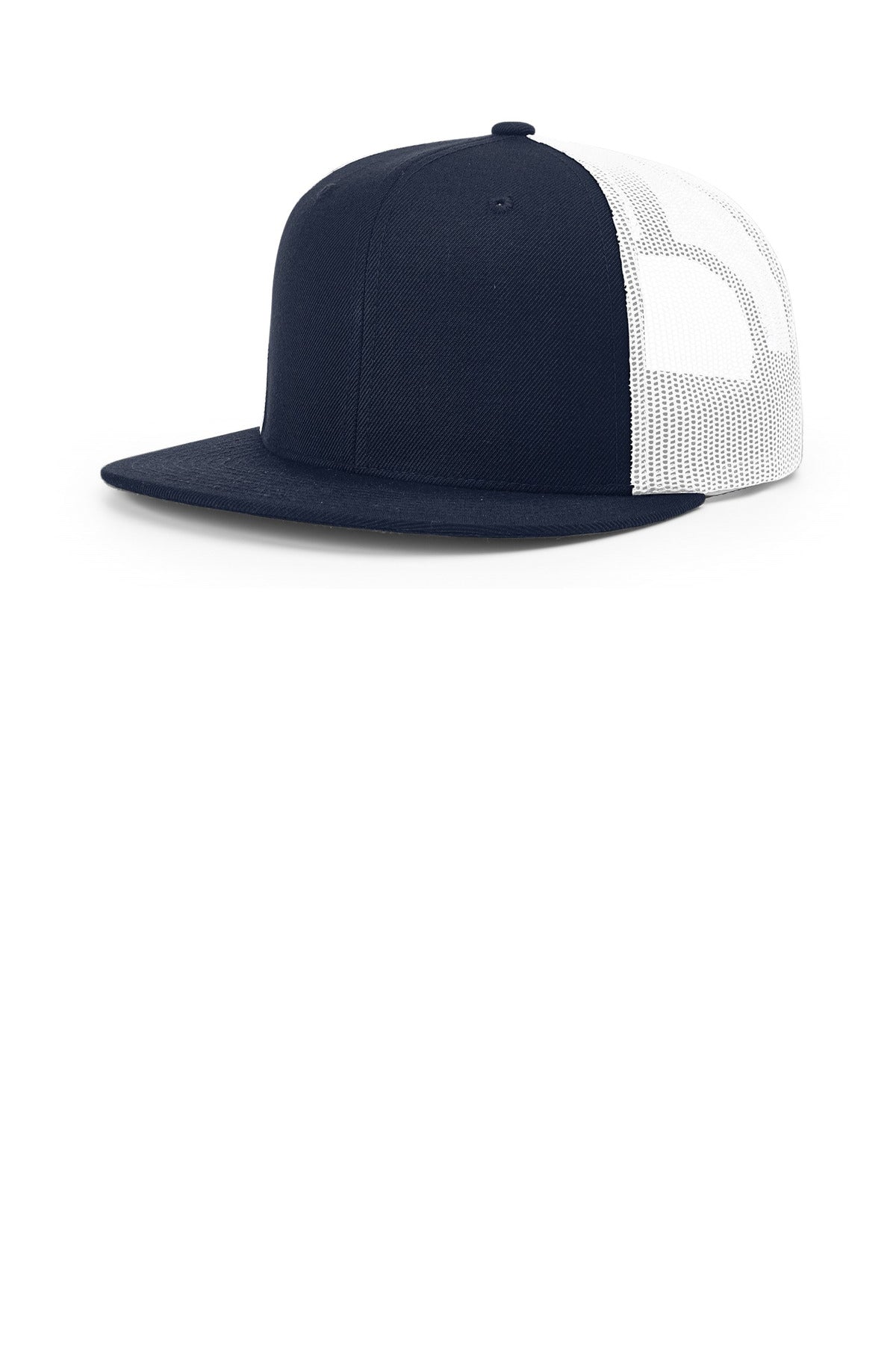 Custom Navy/ White Acrylic-Wool Blend Flatbill Trucker 511, personalized by SanCanDo Swag in Argyle, TX