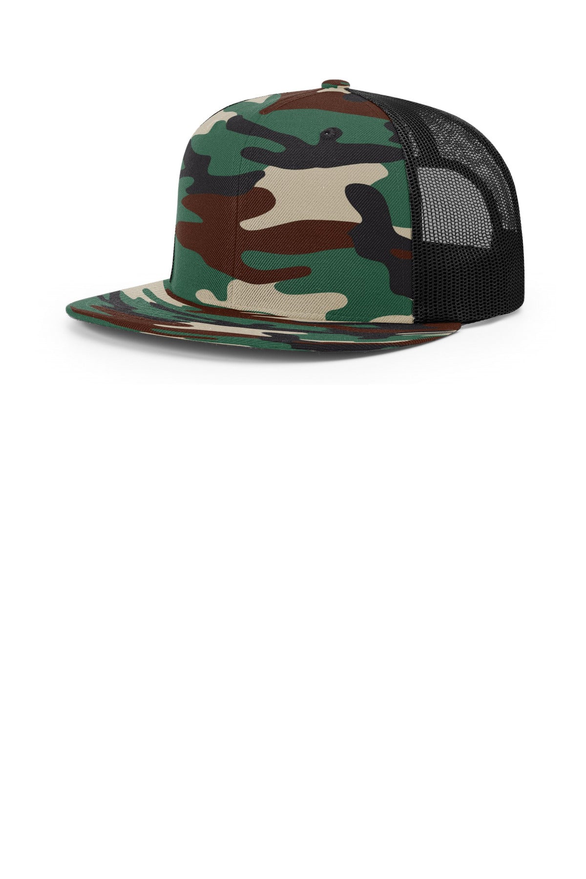 Custom Green Camo/ Black Acrylic-Wool Blend Flatbill Trucker 511, personalized by SanCanDo Swag in Argyle, TX