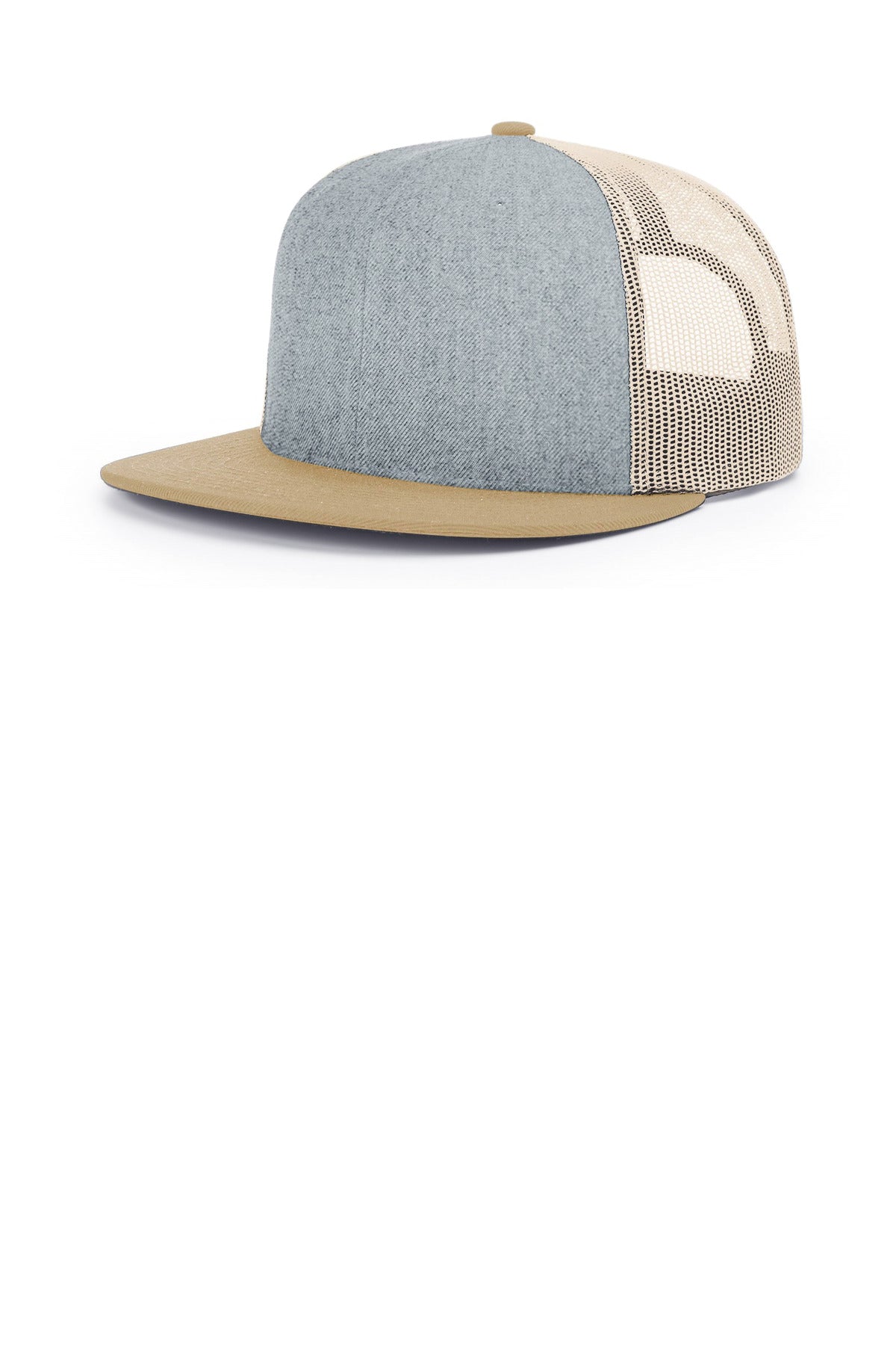 Custom Heather Grey/ Birch/ Biscuit Acrylic-Wool Blend Flatbill Trucker 511, personalized by SanCanDo Swag in Argyle, TX
