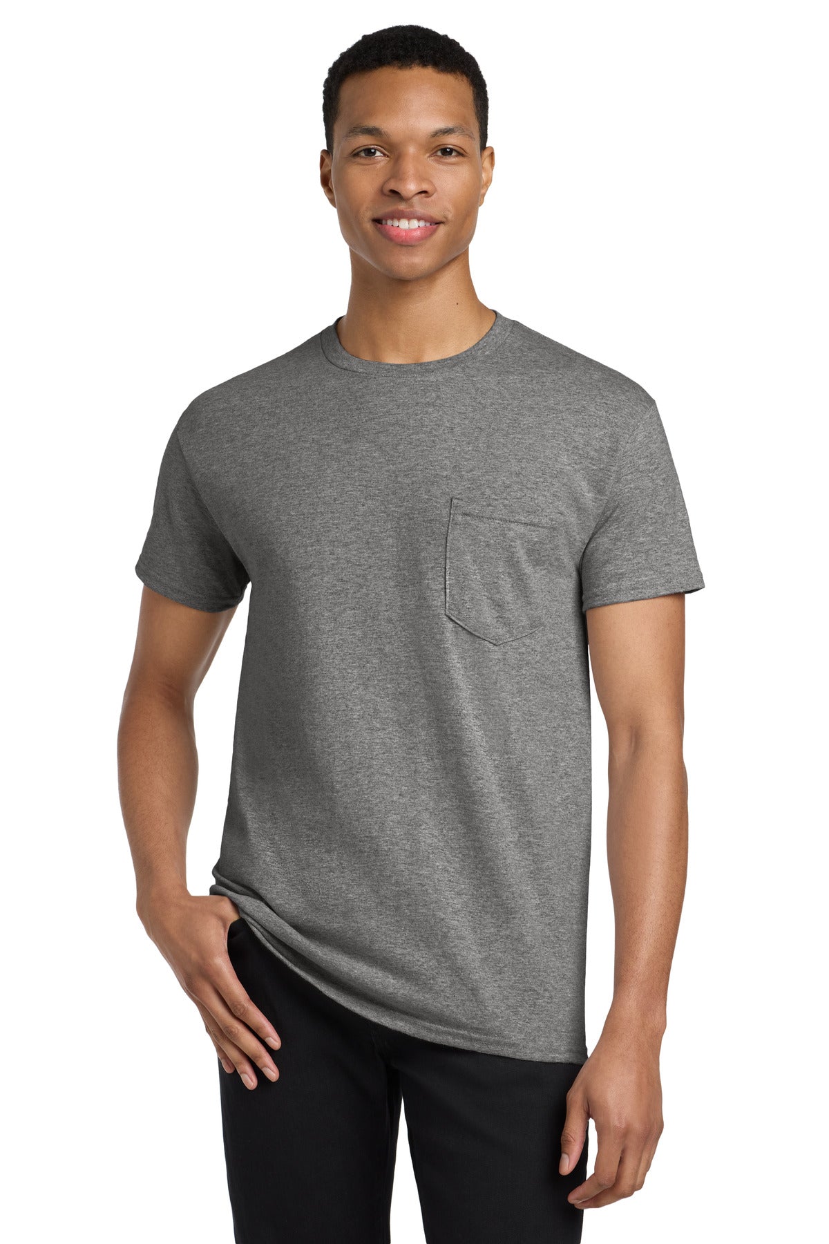 Custom Graphite Heather Heavy Cotton 100% Cotton Pocket Tee 5300, personalized by SanCanDo Swag in Argyle, TX
