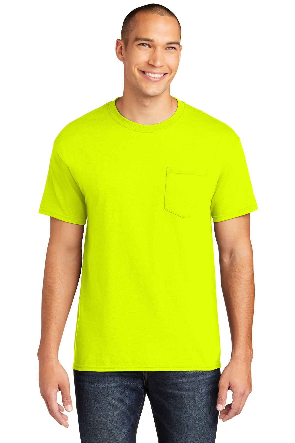 Custom Safety Green Heavy Cotton 100% Cotton Pocket Tee 5300, personalized by SanCanDo Swag in Argyle, TX