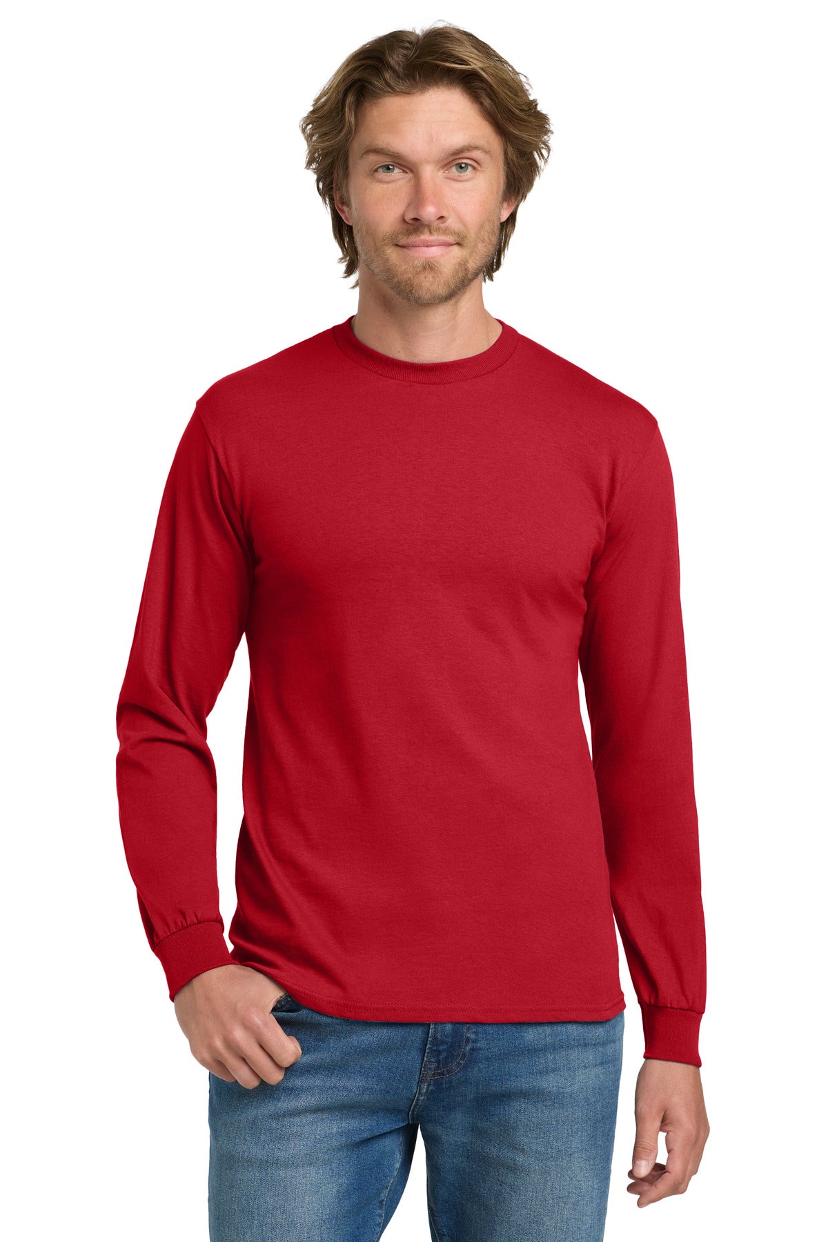 Custom Red Heavy Cotton 100% Cotton Long Sleeve Tee 5400, personalized by SanCanDo Swag in Argyle, TX
