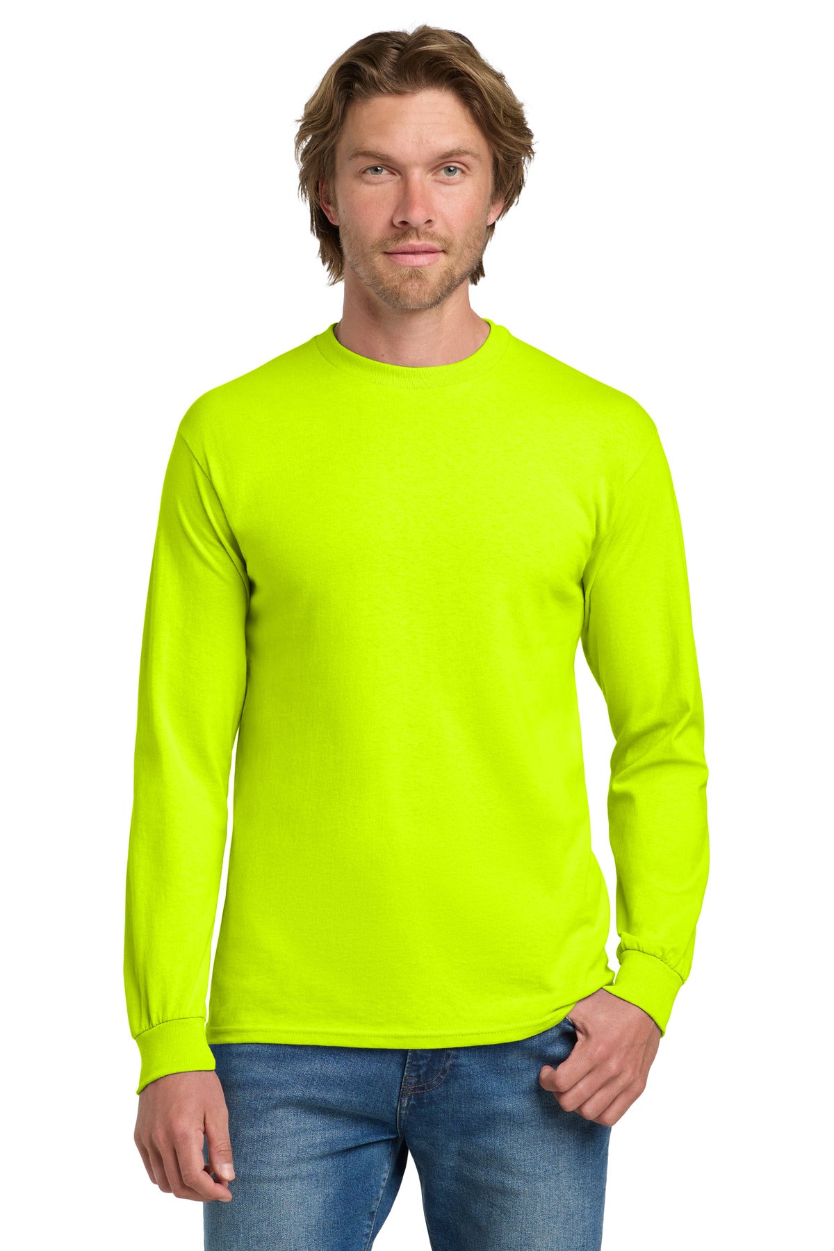 Custom Safety Green Heavy Cotton 100% Cotton Long Sleeve Tee 5400, personalized by SanCanDo Swag in Argyle, TX