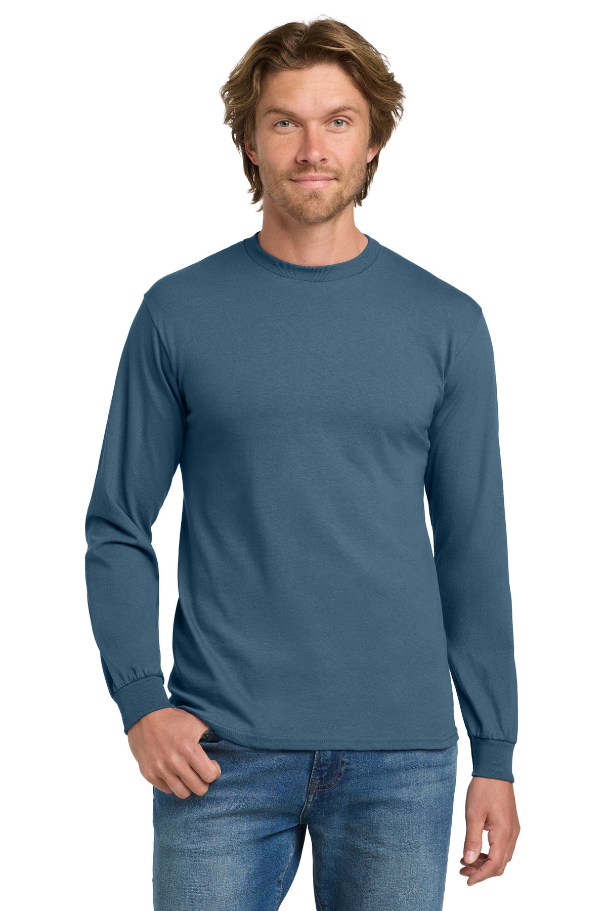 Custom Indigo Blue Heavy Cotton 100% Cotton Long Sleeve Tee 5400, personalized by SanCanDo Swag in Argyle, TX