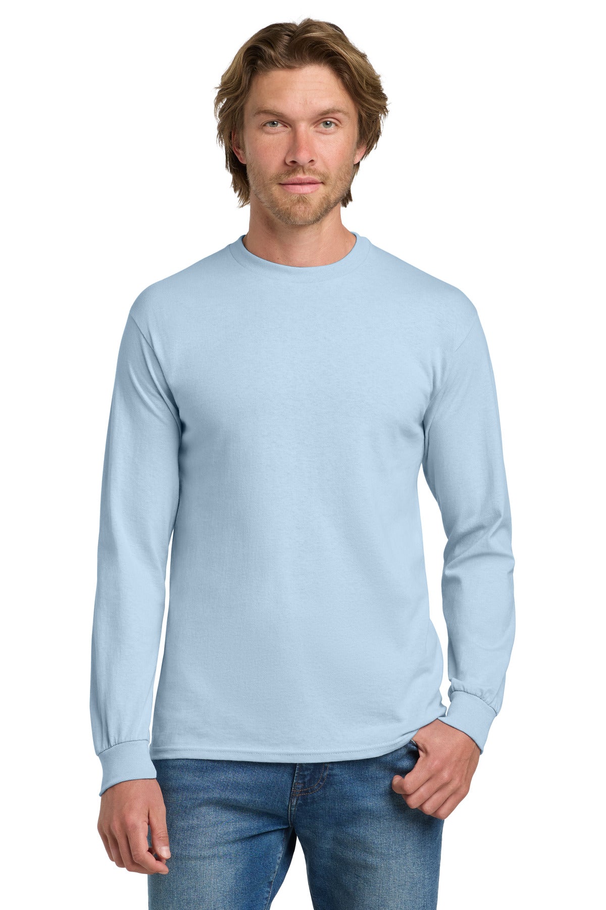 Custom Light Blue Heavy Cotton 100% Cotton Long Sleeve Tee 5400, personalized by SanCanDo Swag in Argyle, TX