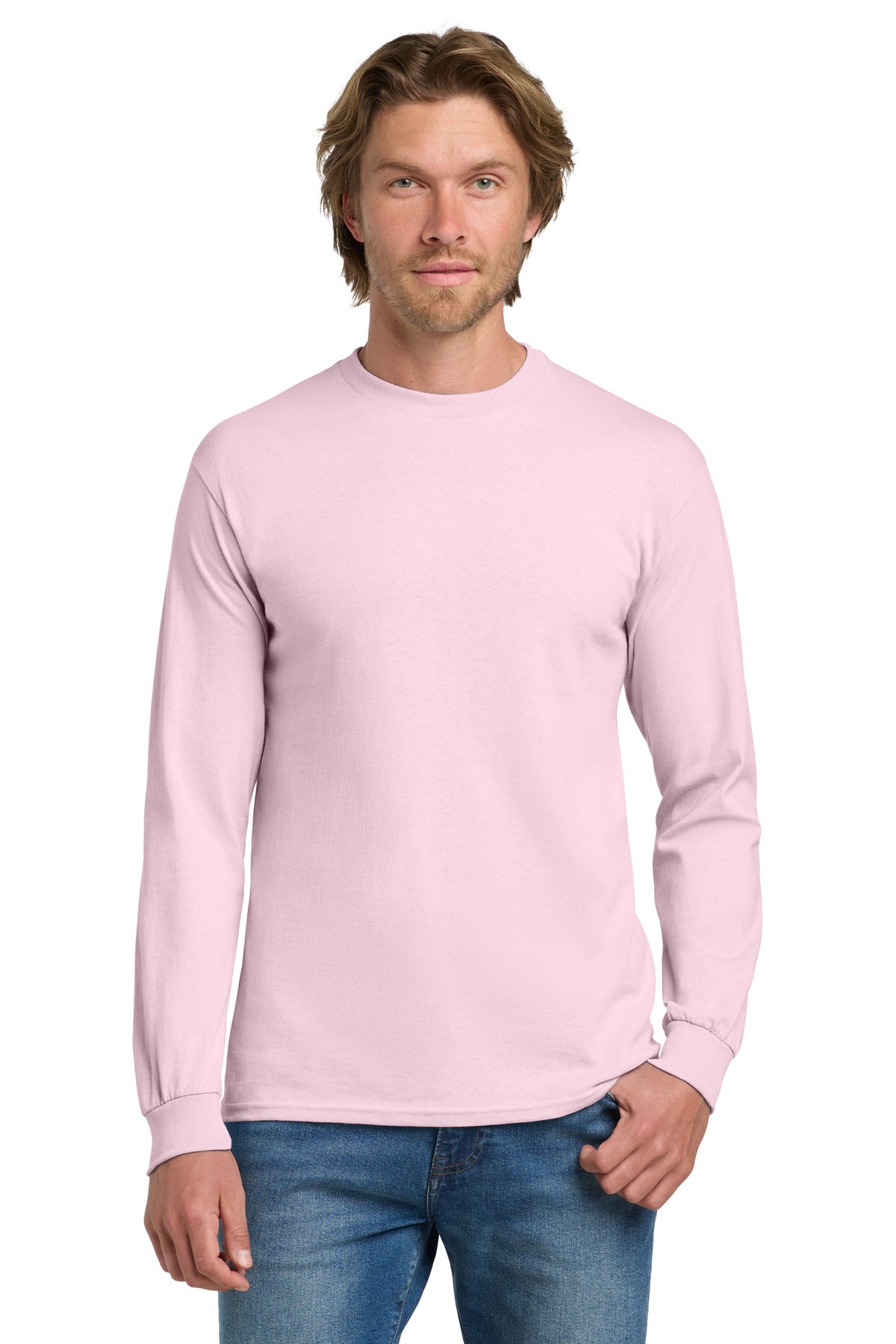 Custom Light Pink Heavy Cotton 100% Cotton Long Sleeve Tee 5400, personalized by SanCanDo Swag in Argyle, TX