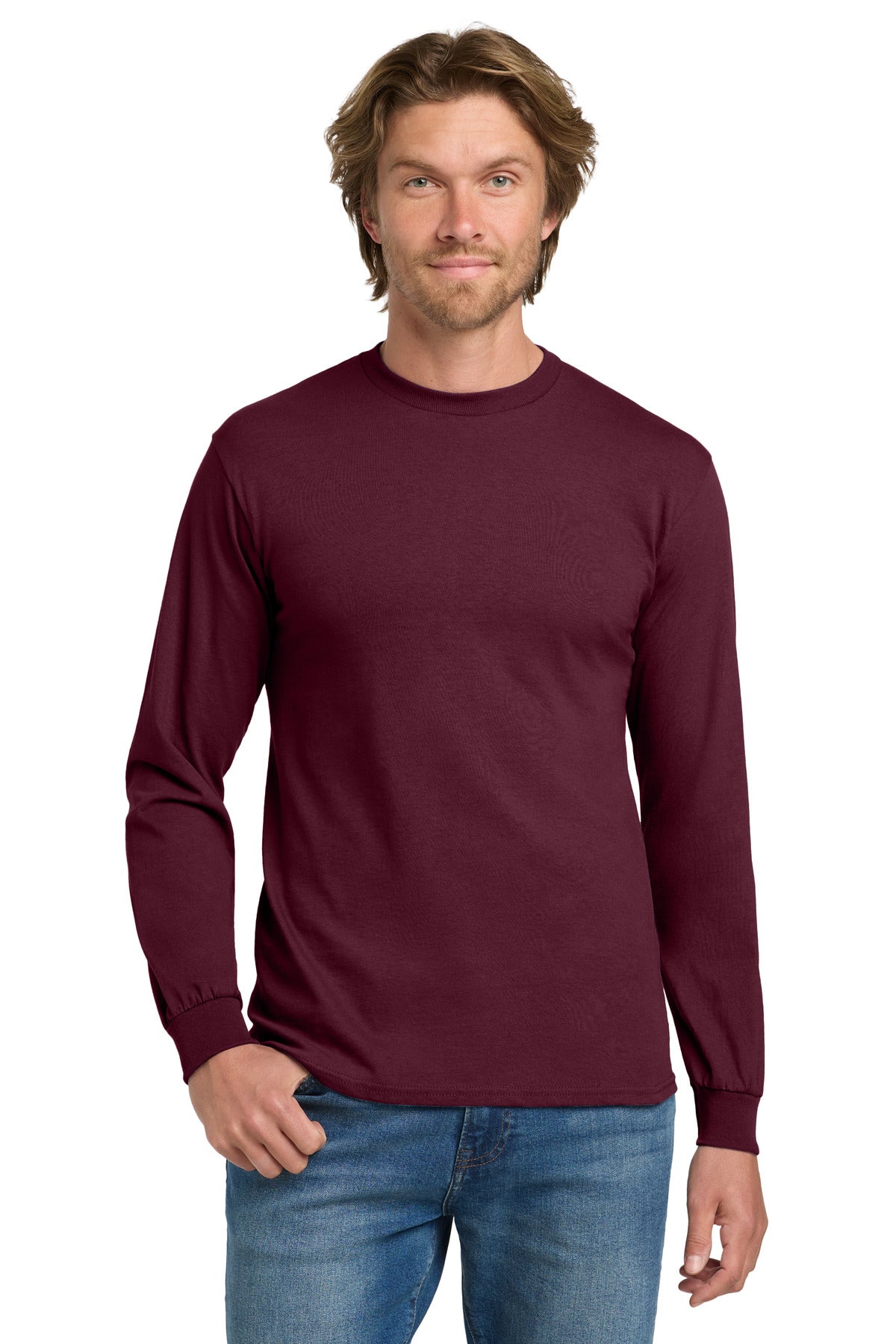 Custom Maroon Heavy Cotton 100% Cotton Long Sleeve Tee 5400, personalized by SanCanDo Swag in Argyle, TX