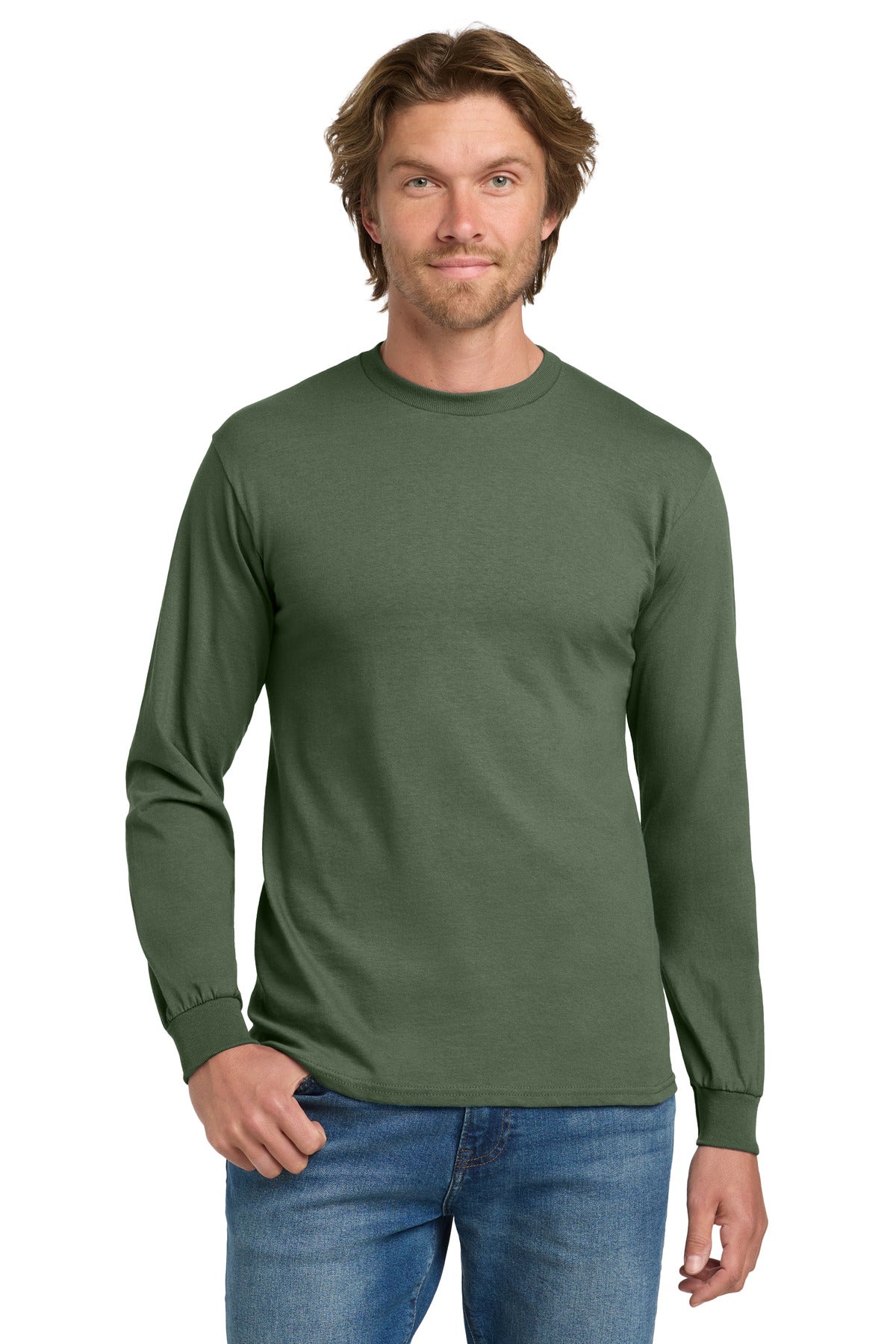 Custom Military Green Heavy Cotton 100% Cotton Long Sleeve Tee 5400, personalized by SanCanDo Swag in Argyle, TX