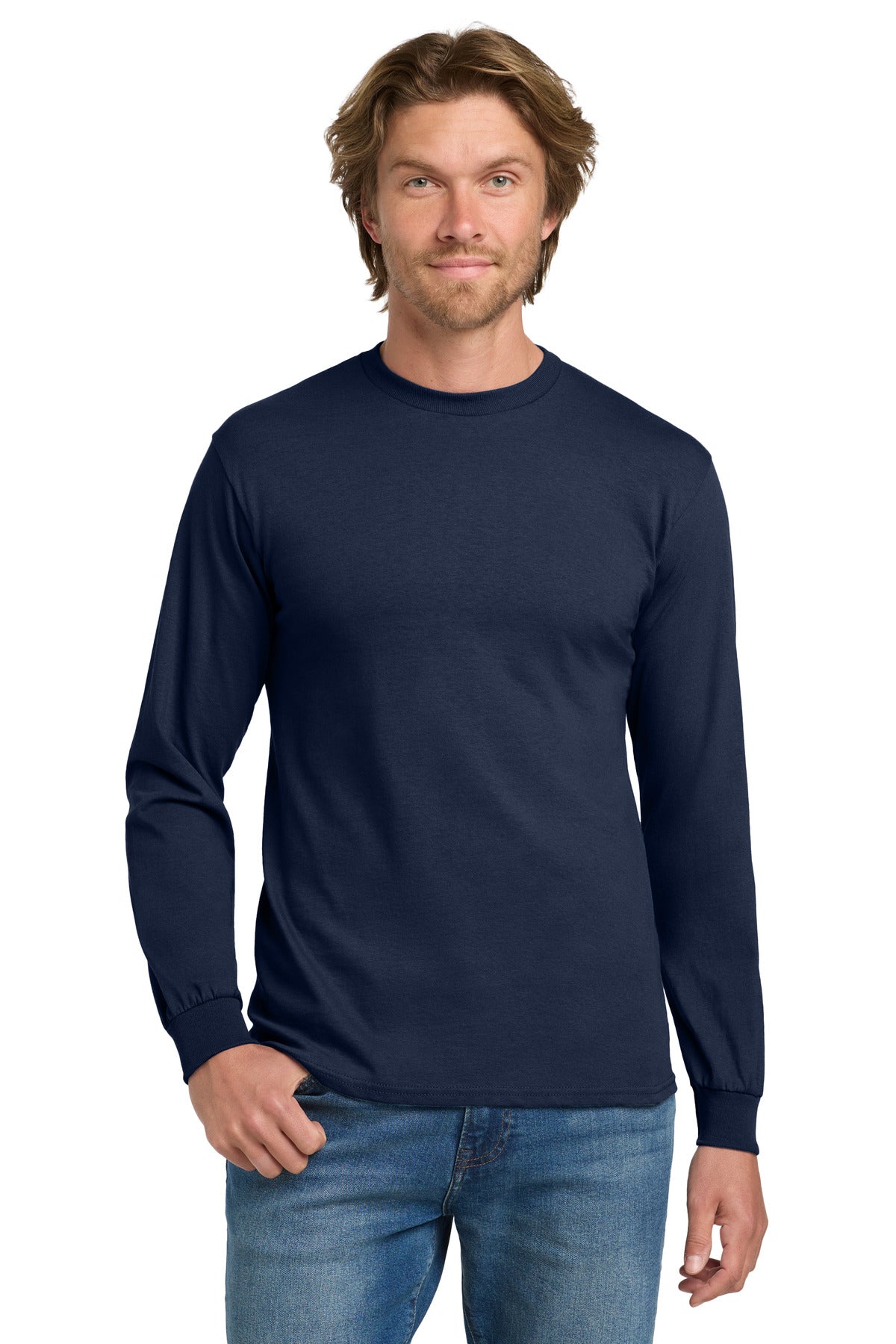 Custom Navy Heavy Cotton 100% Cotton Long Sleeve Tee 5400, personalized by SanCanDo Swag in Argyle, TX