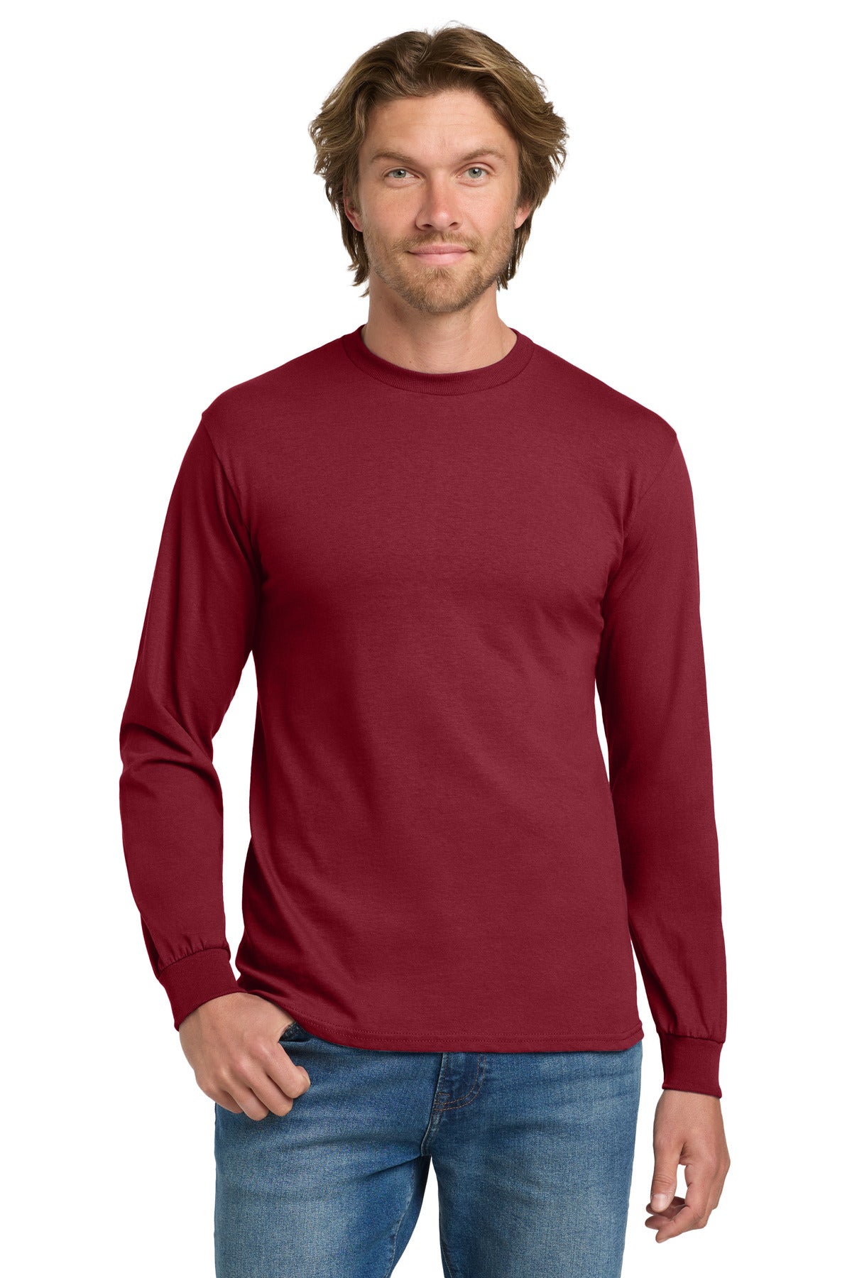 Custom Cardinal Red Heavy Cotton 100% Cotton Long Sleeve Tee 5400, personalized by SanCanDo Swag in Argyle, TX