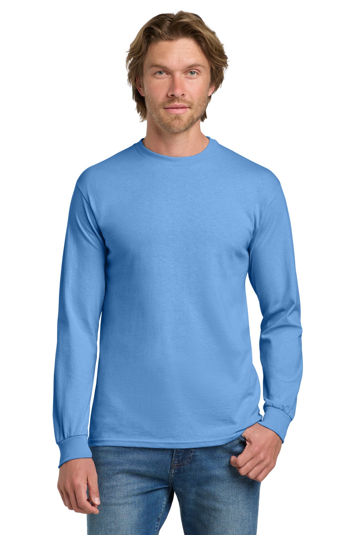 Custom Carolina Blue Heavy Cotton 100% Cotton Long Sleeve Tee 5400, personalized by SanCanDo Swag in Argyle, TX