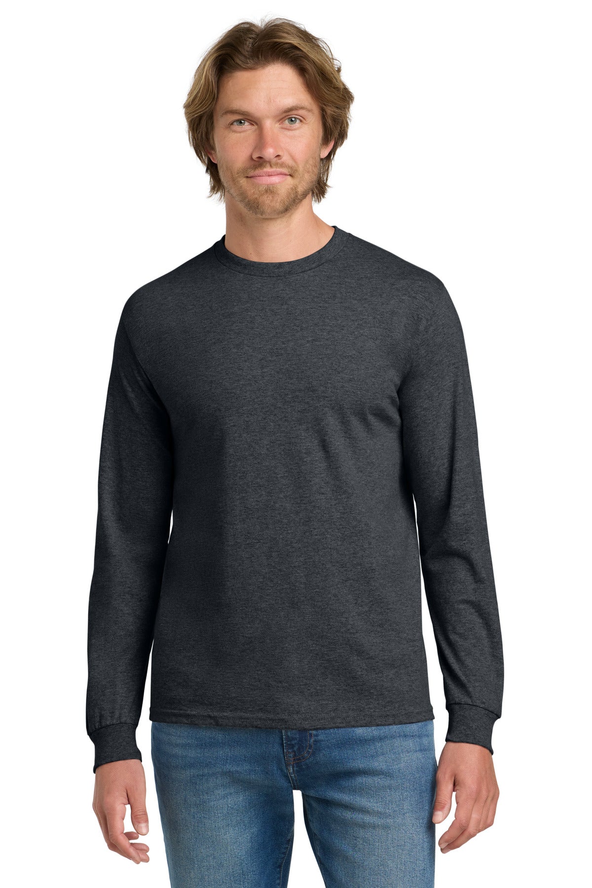 Custom Dark Heather Heavy Cotton 100% Cotton Long Sleeve Tee 5400, personalized by SanCanDo Swag in Argyle, TX