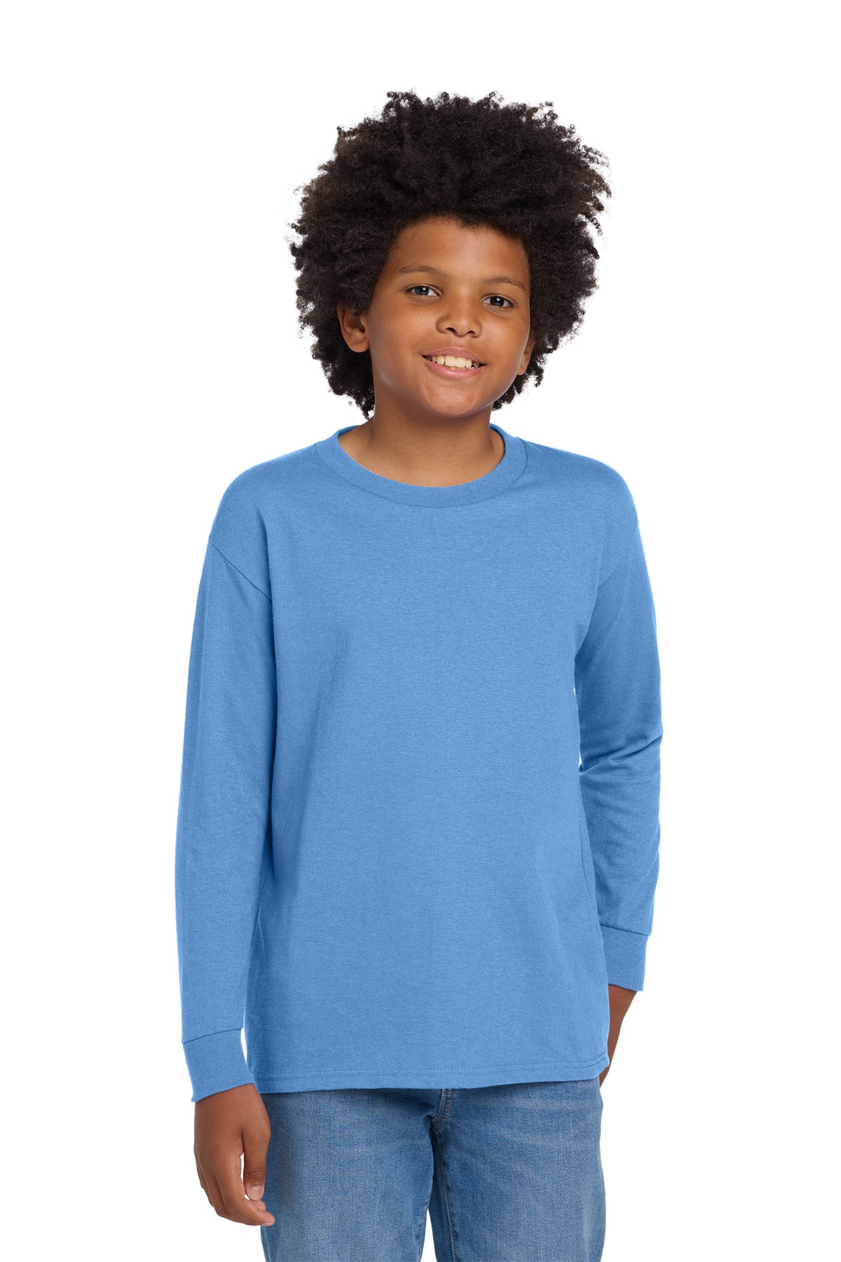 Custom Carolina Blue Heavy Cotton 100% Cotton Long Sleeve Tee 5400B, personalized by SanCanDo Swag in Argyle, TX