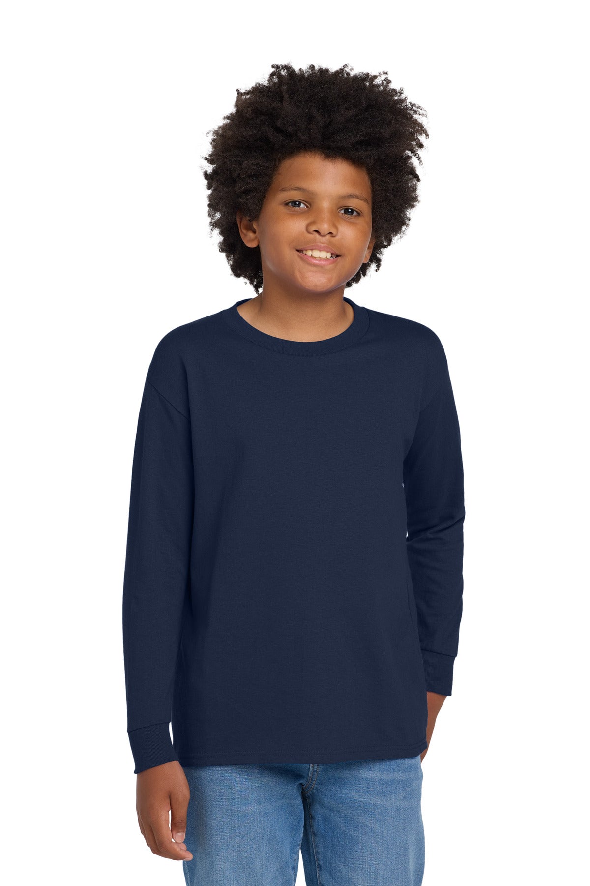 Custom Navy Heavy Cotton 100% Cotton Long Sleeve Tee 5400B, personalized by SanCanDo Swag in Argyle, TX