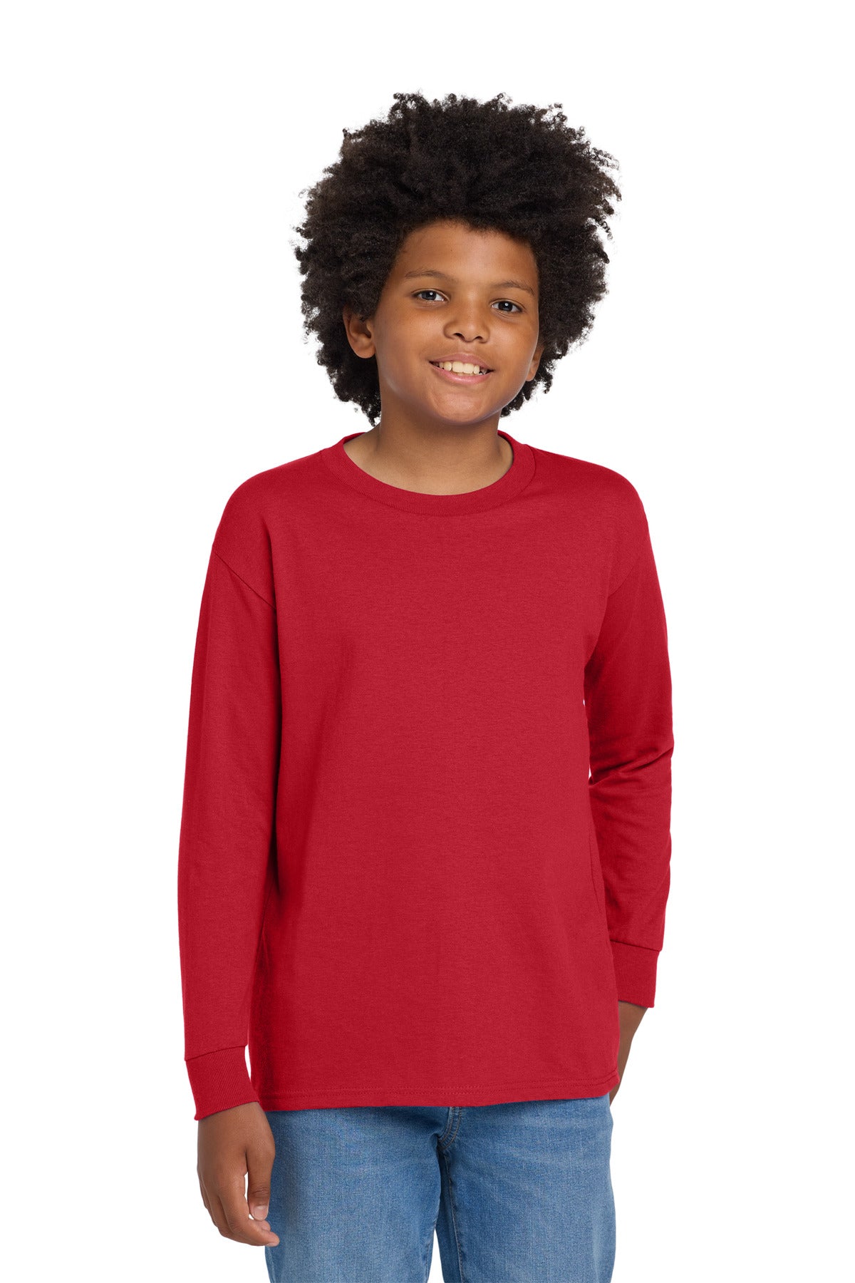 Custom Red Heavy Cotton 100% Cotton Long Sleeve Tee 5400B, personalized by SanCanDo Swag in Argyle, TX