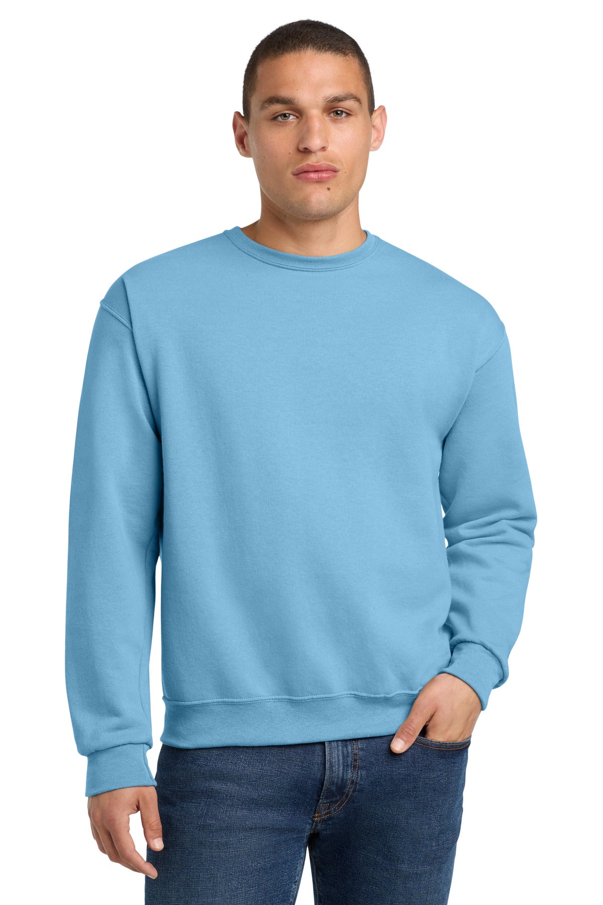 Custom Light Blue NuBlend Crewneck 562M, personalized by SanCanDo Swag in Argyle, TX
