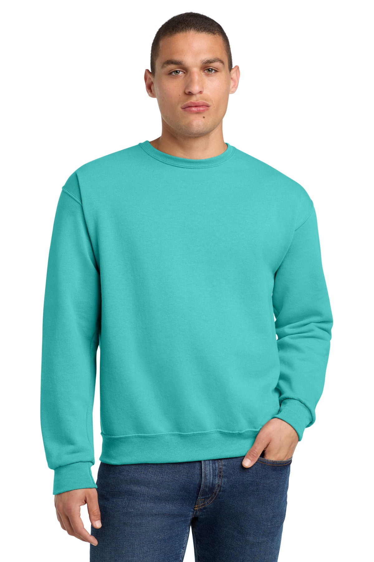 Custom Scuba Blue NuBlend Crewneck 562M, personalized by SanCanDo Swag in Argyle, TX