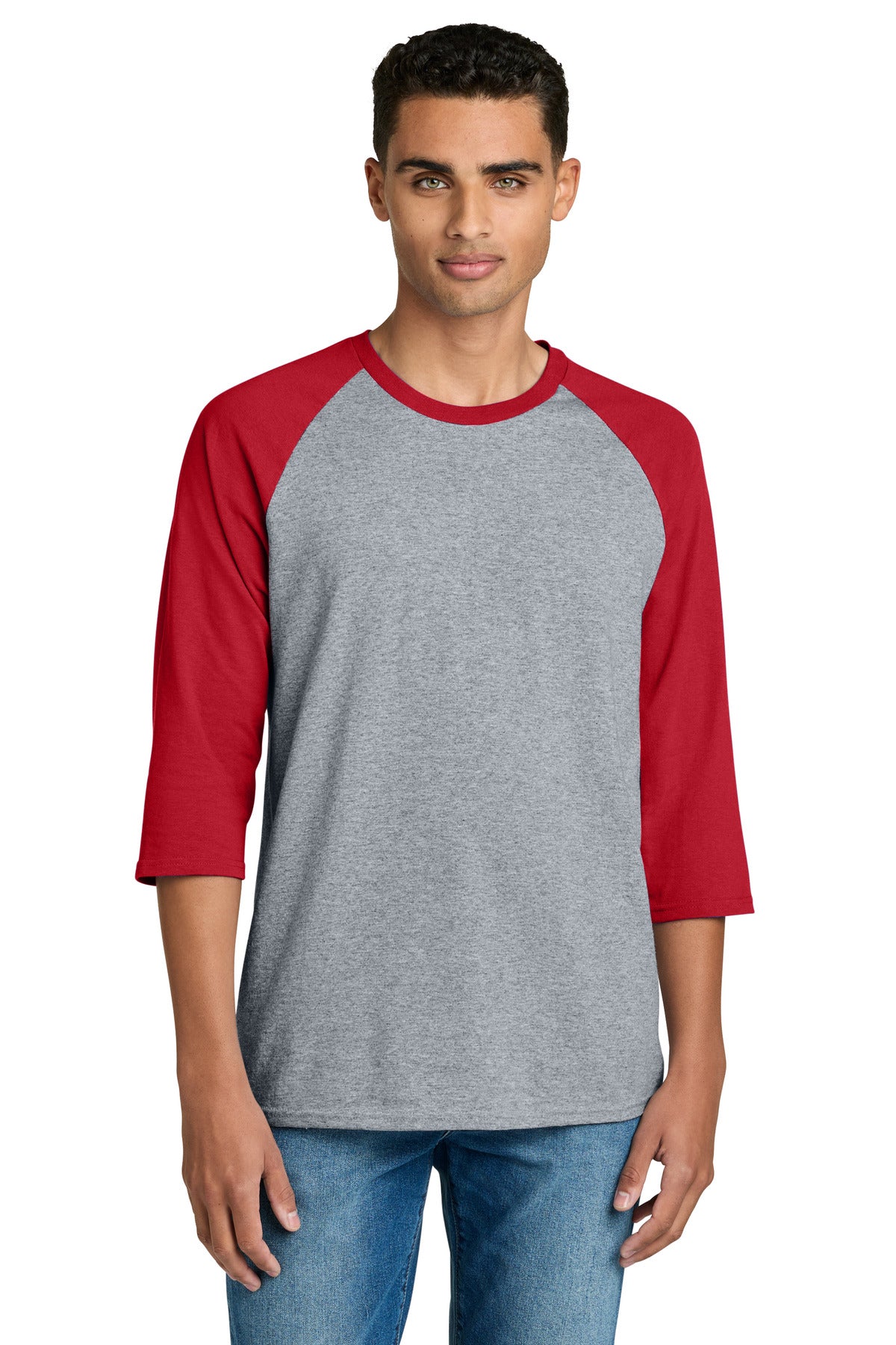Custom Sport Grey Trim Red Heavy Cotton™ 3/4-Sleeve Raglan Tee 5700, personalized by SanCanDo Swag in Argyle, TX