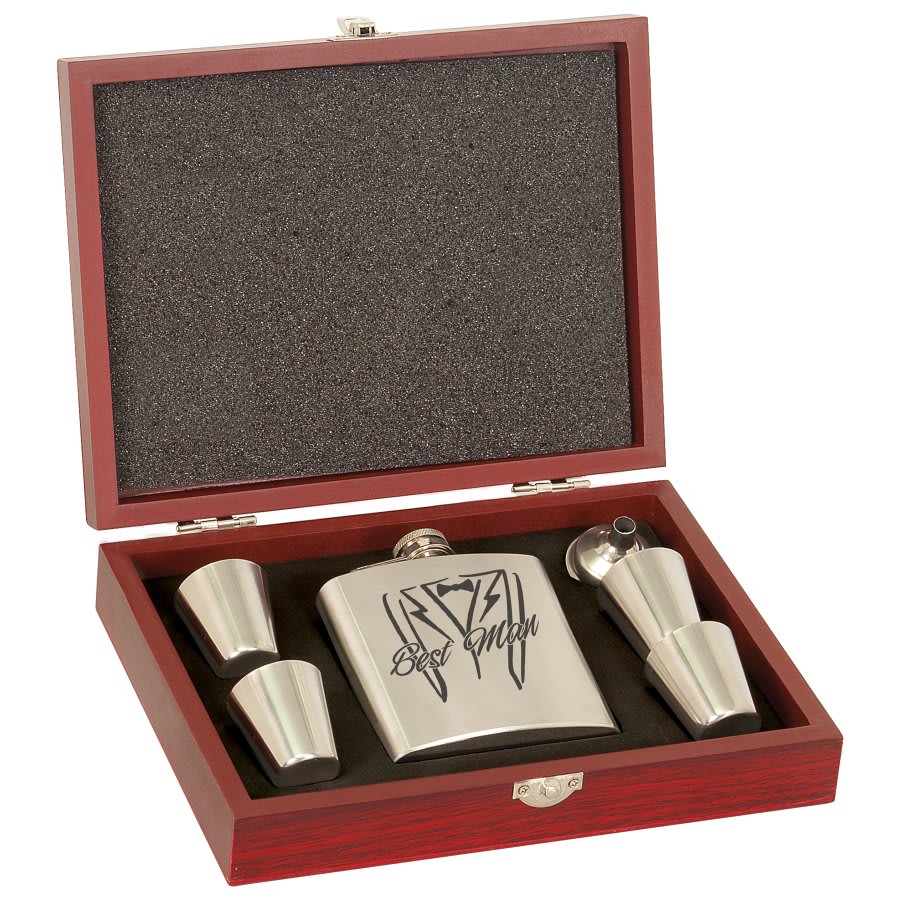 Stainless Steel 6 oz. Flask Set in Wood Presentation Box