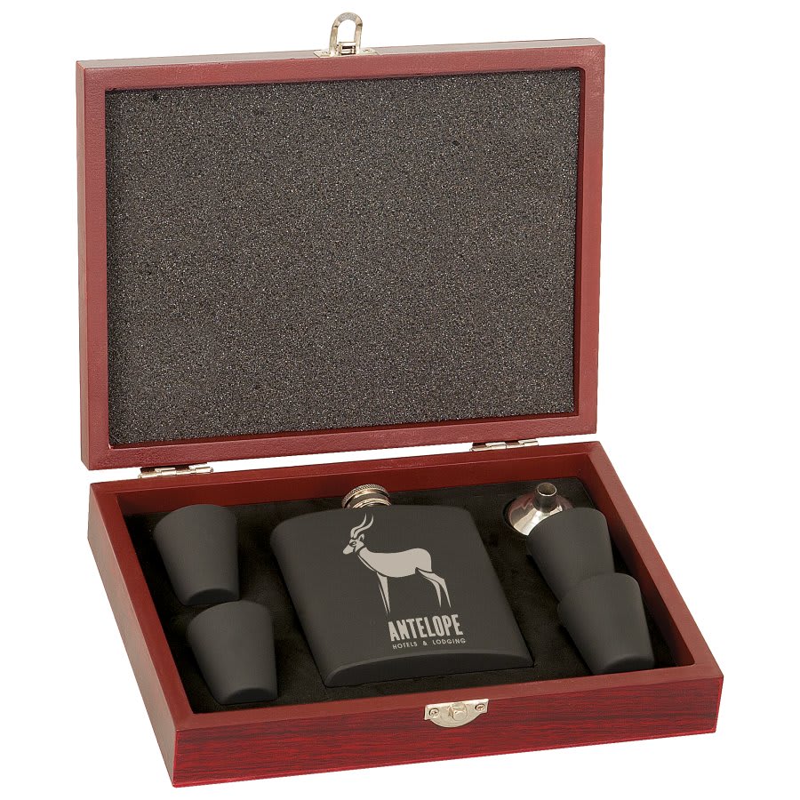 Matte Black Laserable Stainless Steel 6 oz. Flask Set in Wood Presentation Box