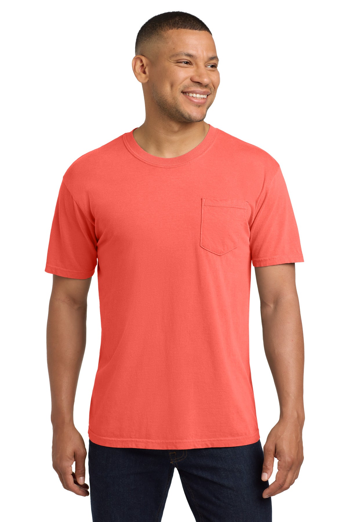 Custom Neon Red Orange Pocket Tee 6030, personalized by SanCanDo Swag in Argyle, TX