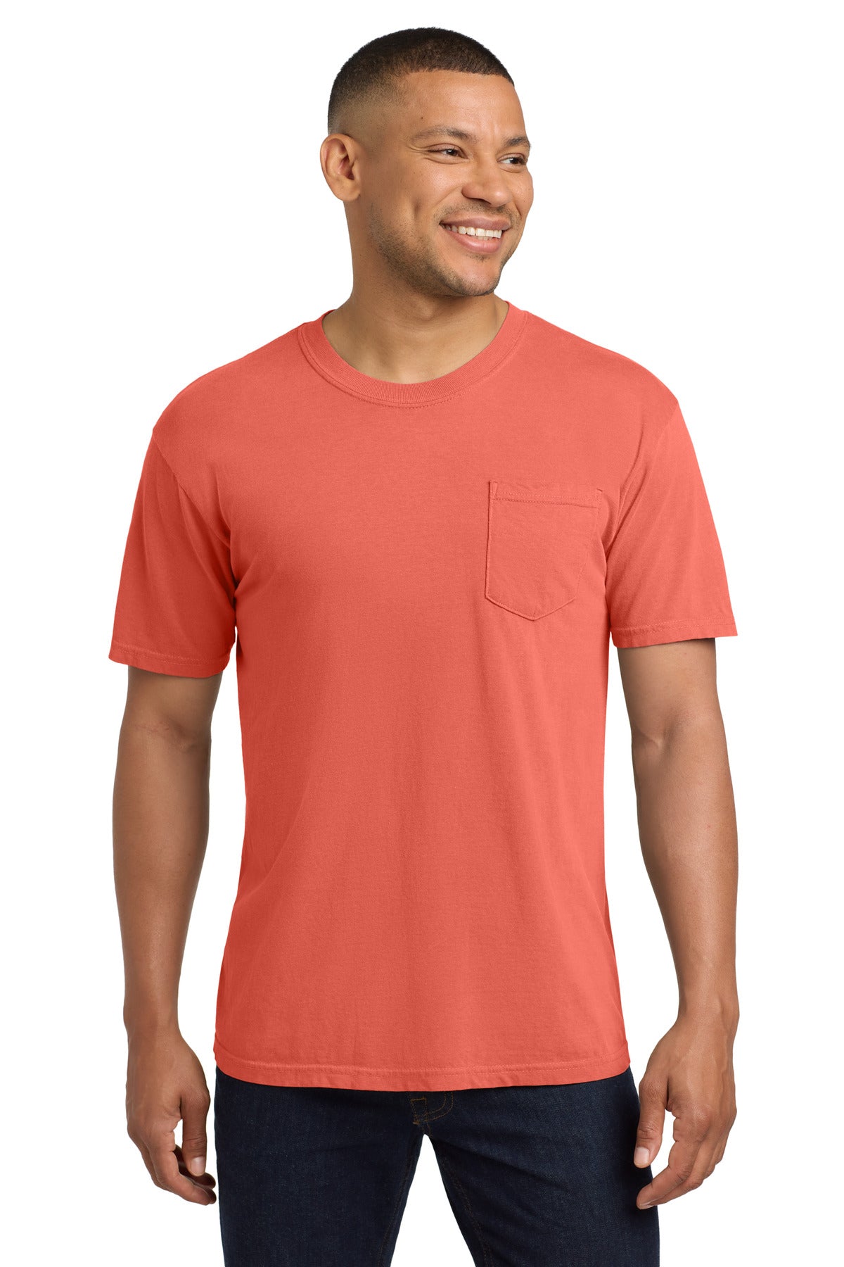 Custom Bright Salmon Pocket Tee 6030, personalized by SanCanDo Swag in Argyle, TX