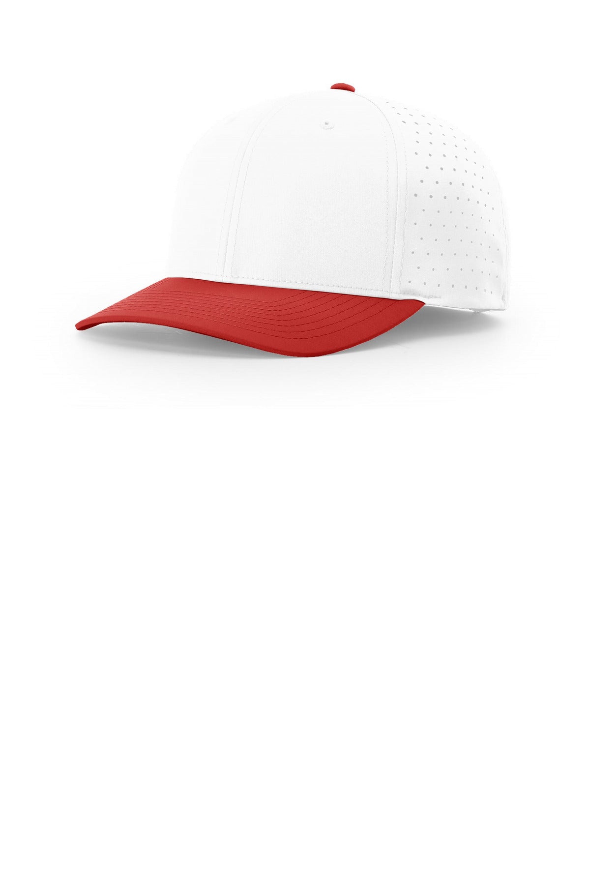Custom White/ White/ Red Laser Perf R-Flex Snapback 632, personalized by SanCanDo Swag in Argyle, TX