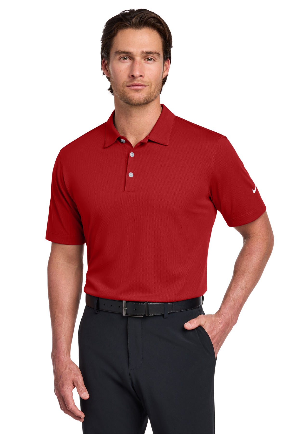 Custom University Red Dri-FIT Vertical Mesh Polo 637167, personalized by SanCanDo Swag in Argyle, TX