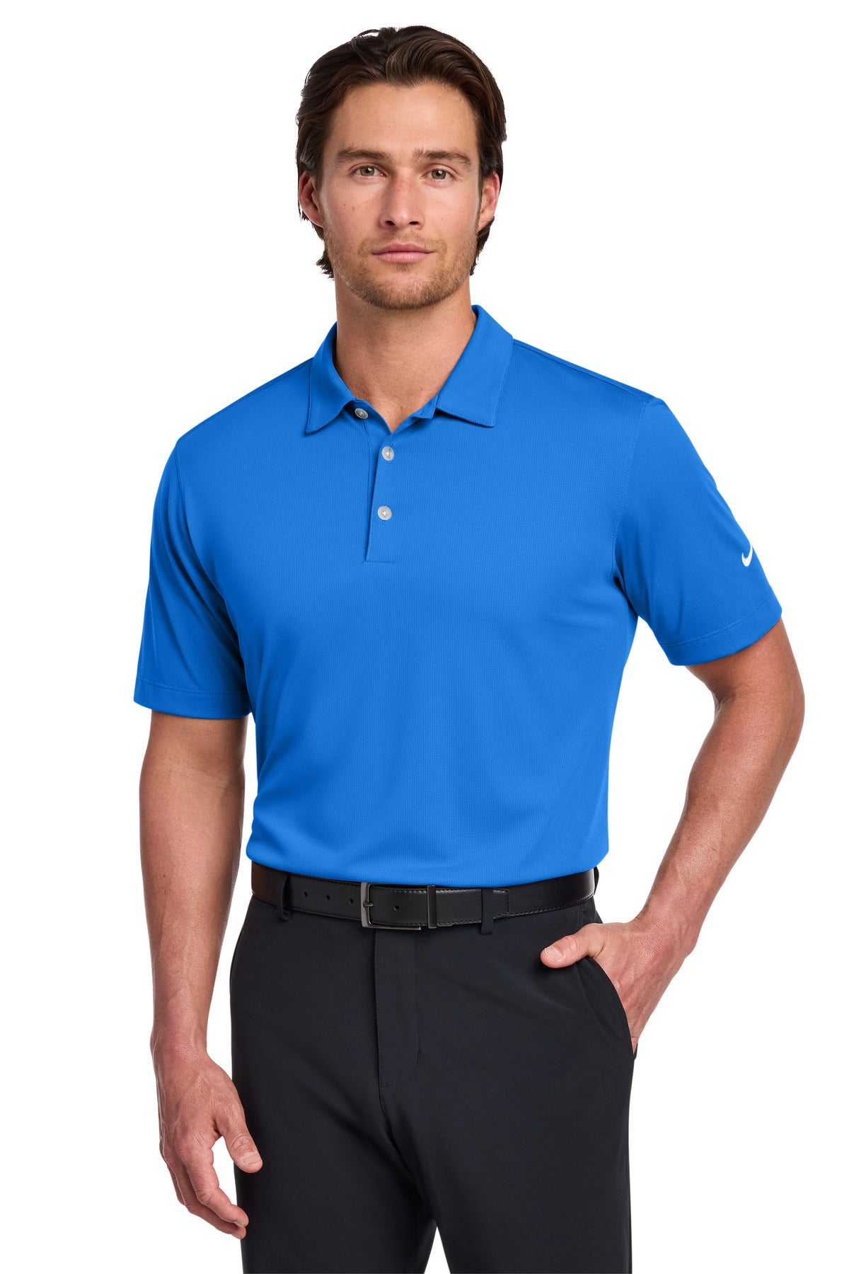 Custom Brisk Blue Dri-FIT Vertical Mesh Polo 637167, personalized by SanCanDo Swag in Argyle, TX