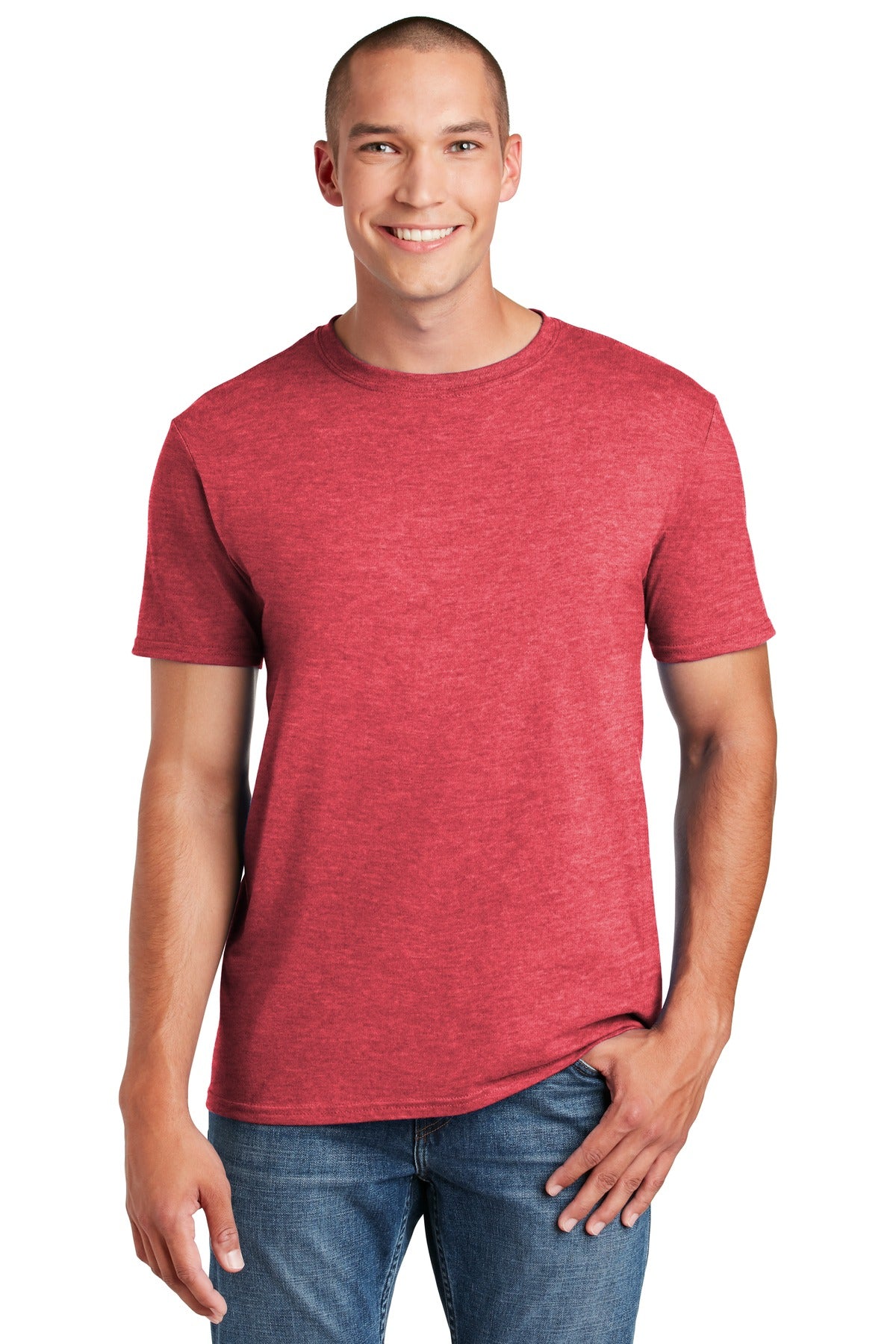 Custom Heather Red Softstyle Tee 64000, personalized by SanCanDo Swag in Argyle, TX