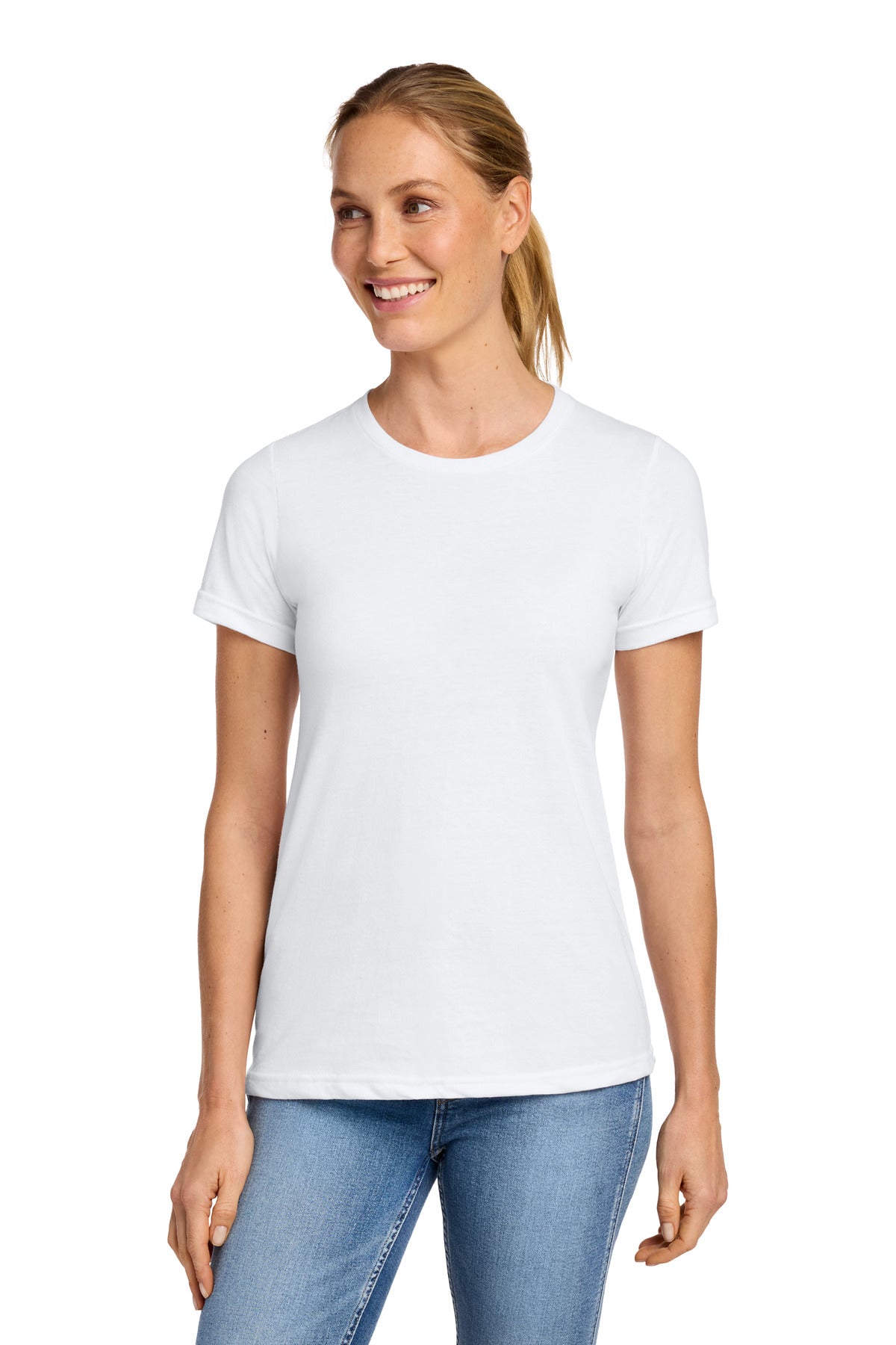 Custom White Softstyle Women's CVC Tee 64001LCVC, personalized by SanCanDo Swag in Argyle, TX