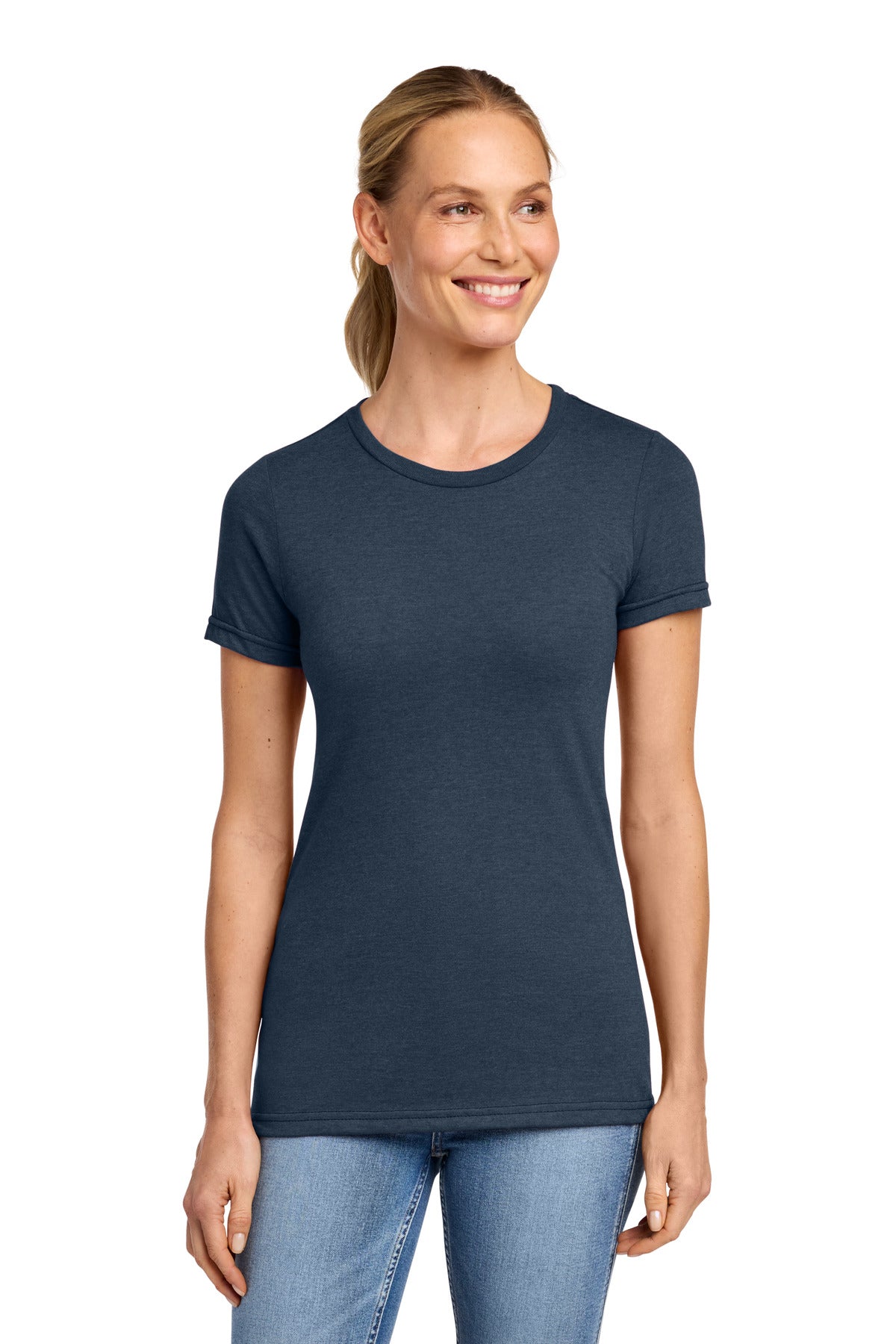 Custom Navy Mist Softstyle Women's CVC Tee 64001LCVC, personalized by SanCanDo Swag in Argyle, TX