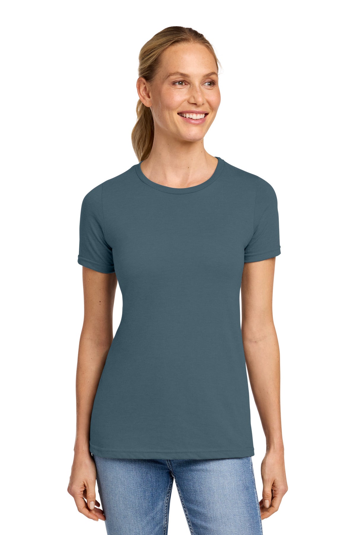 Custom Steel Blue Softstyle Women's CVC Tee 64001LCVC, personalized by SanCanDo Swag in Argyle, TX