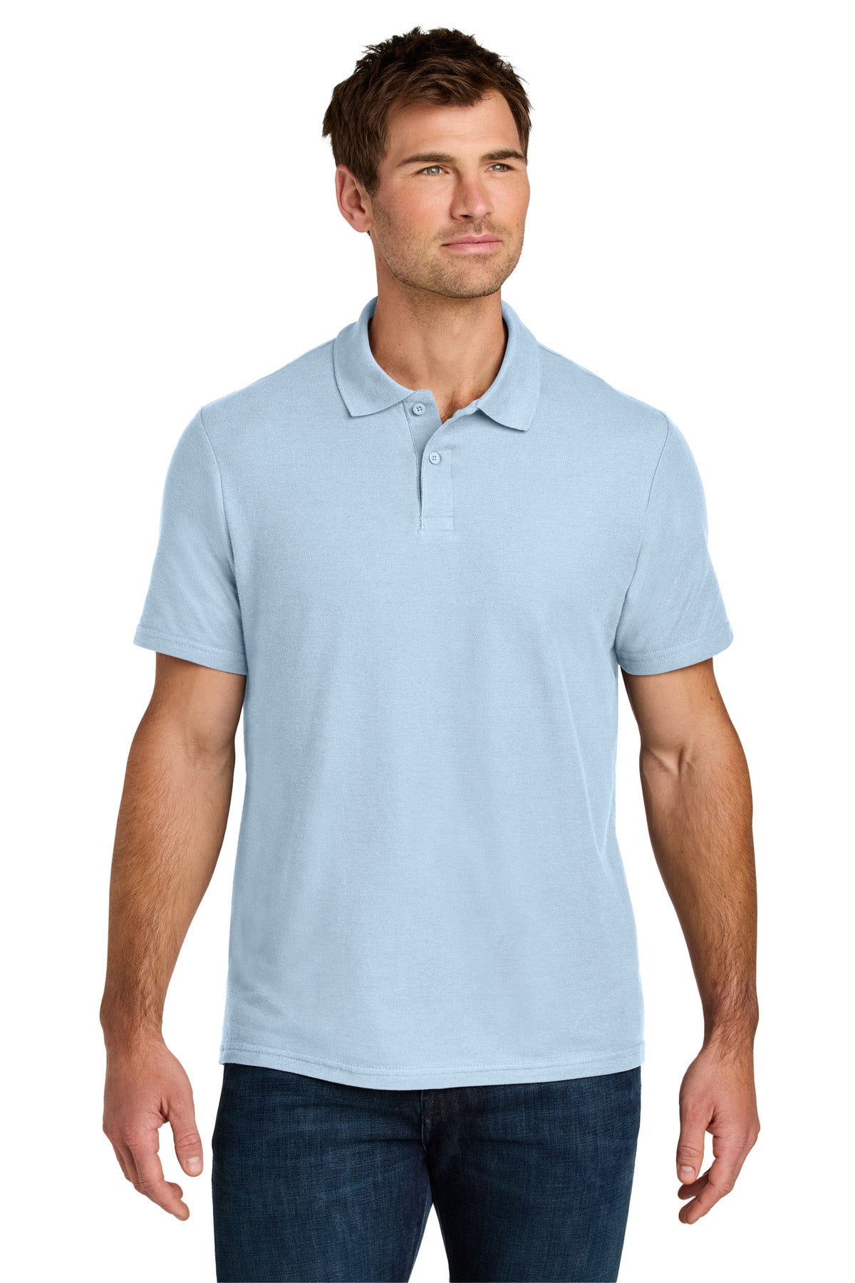 Custom Light Blue Softstyle Pique Polo 64800, personalized by SanCanDo Swag in Argyle, TX